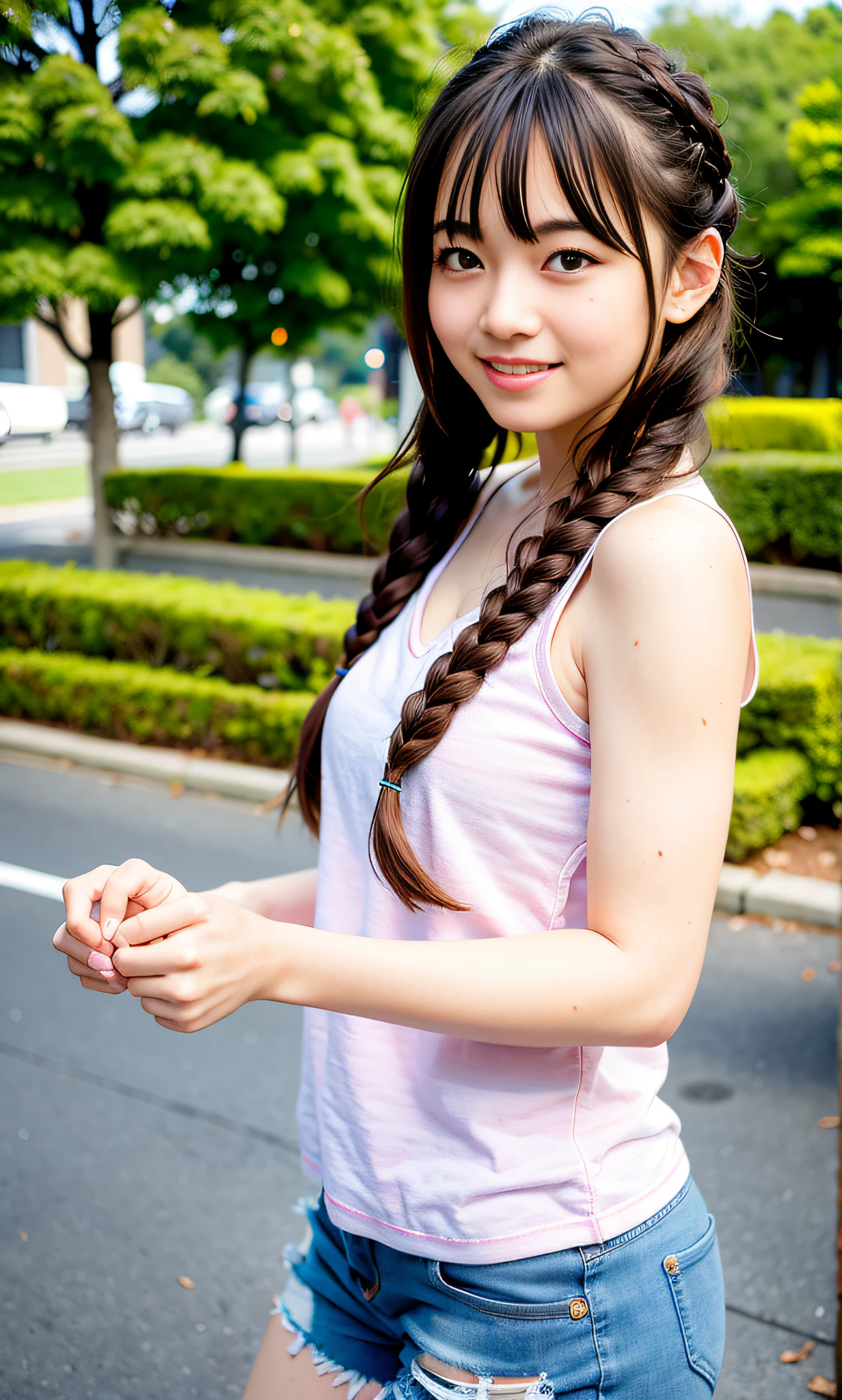 Best quality, long hair bangs curly two side braids loose towards the front, (Brown hair color), 超高分辨率, (Photorealistic:1.4), 1lovelygirl, bit girl, (Young), pink puffy , NSFW, ,(Kpop idol), (aegyo sal:1), (Denim shorts), Smiling, Cute, full bodyesbian, hands together in front, Background street, Nature, peaceful neighborhood, Sunlight