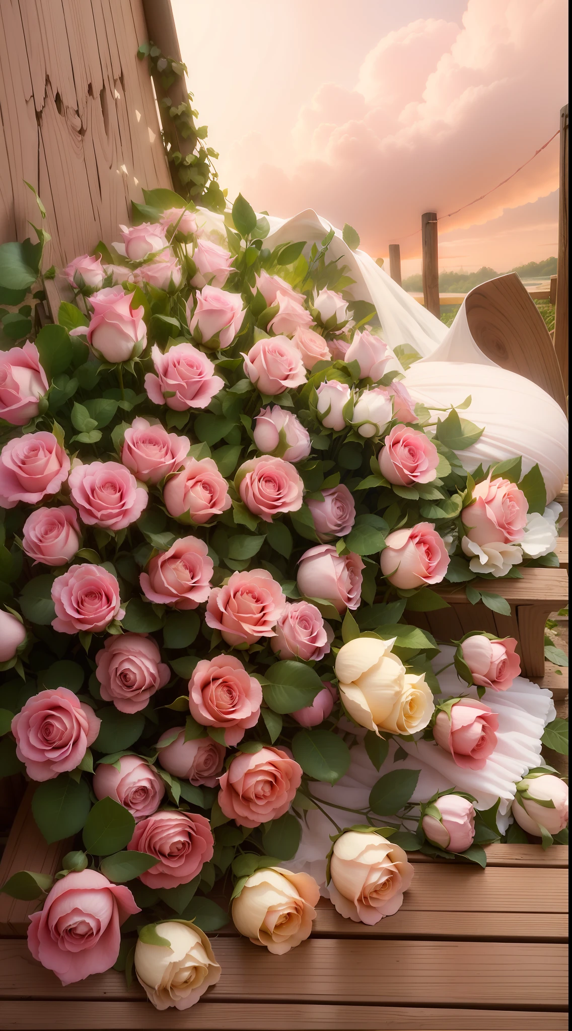 There is a bouquet of pink roses on the wooden bench, Romantic!!!, Beautiful image, rosette, Beautiful flowers, rosses, Lovely, Romantic, Beautiful, Flowers!!!!, 8K)), a few roses, beautifully, pastel roses, ❤🔥🍄🌪, big breasts beautiful, with soft pink colors, big breasts beautiful!, how pretty, for a beautiful