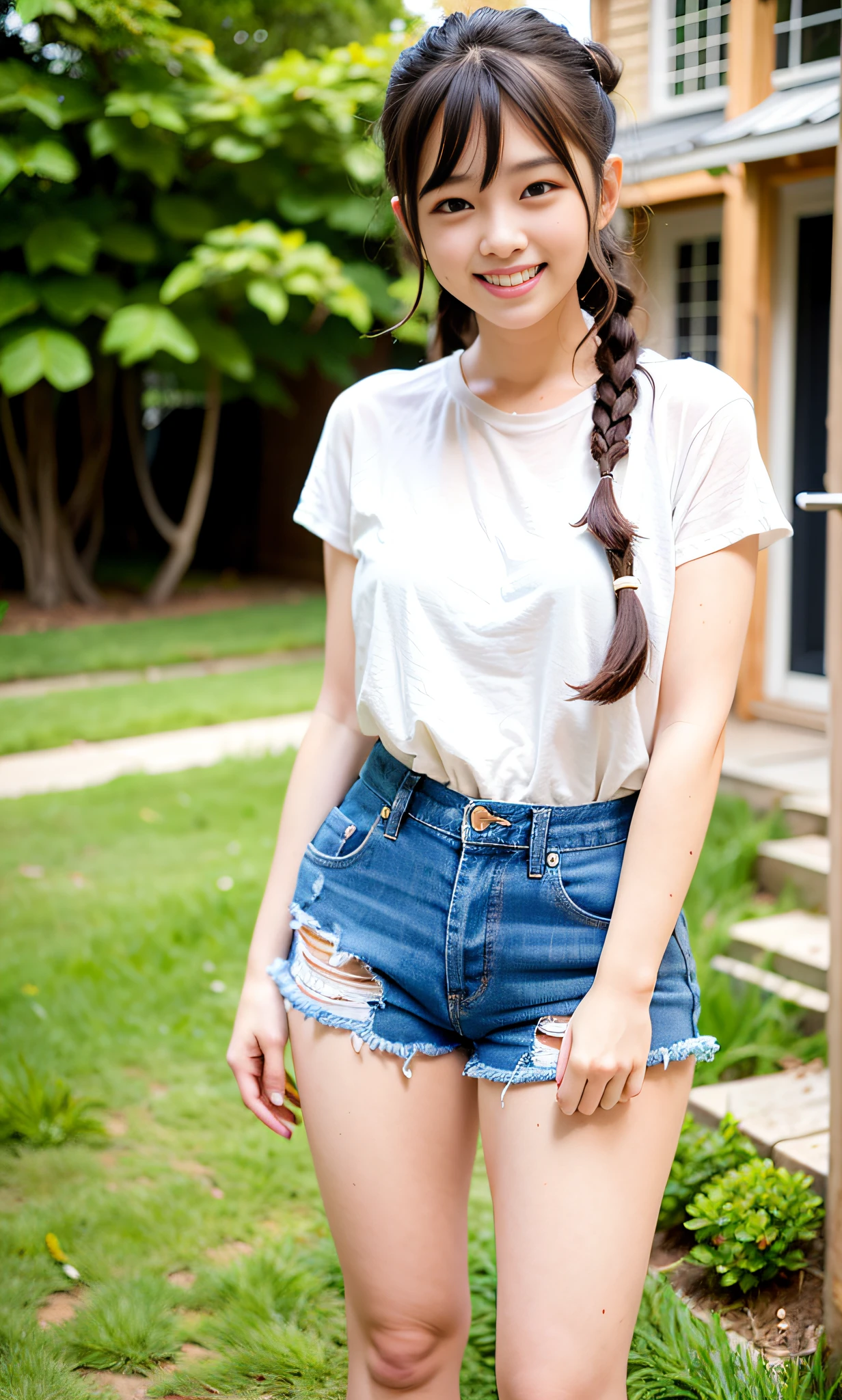 Best quality, long hair bangs curly two side braids loose towards the front, (Brown hair color), 超高分辨率, (Photorealistic:1.4), 1lovelygirl, bit girl, (Young), pink puffy , NSFW, ,(Kpop idol), (aegyo sal:1), (Denim shorts), Smiling, Cute, full bodyesbian, hands together in front, Background street, Nature, peaceful neighborhood, Sunlight