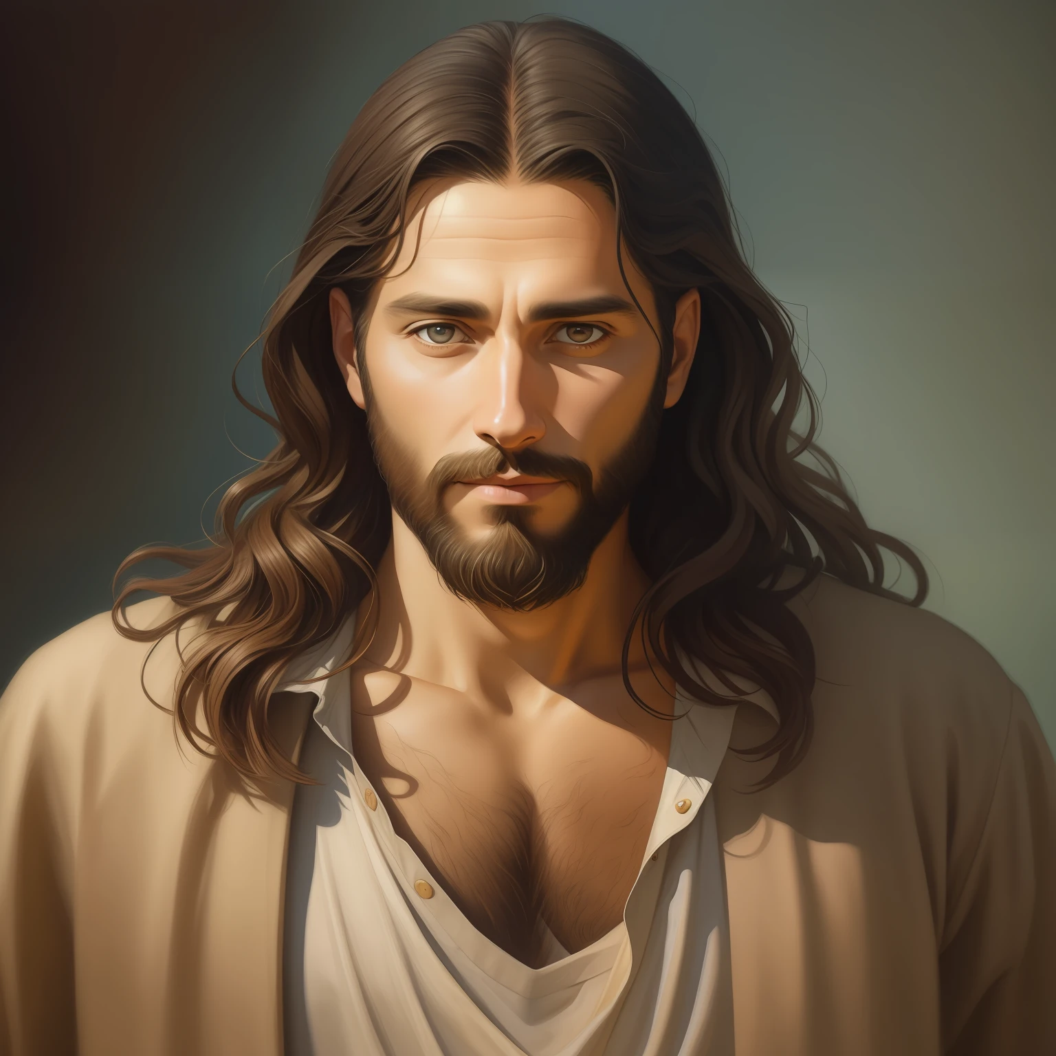A beautiful ultra-thin realistic portrait of Jesus, the prophet, a man 35 years old Hebrew brunette, short brown hair, long brown beard, with, Helping People , wearing long linen tunic closed on the chest part, in front view, full body, biblical, realistic,by Diego Velázquez,Peter Paul Rubens,Rembrandt,Alex Ross,8k, Concept Art, PhotoRealistic, Realistic, Illustration, Oil Painting, Surrealism, HyperRealistic, helping people , Digital art, style, watercolor