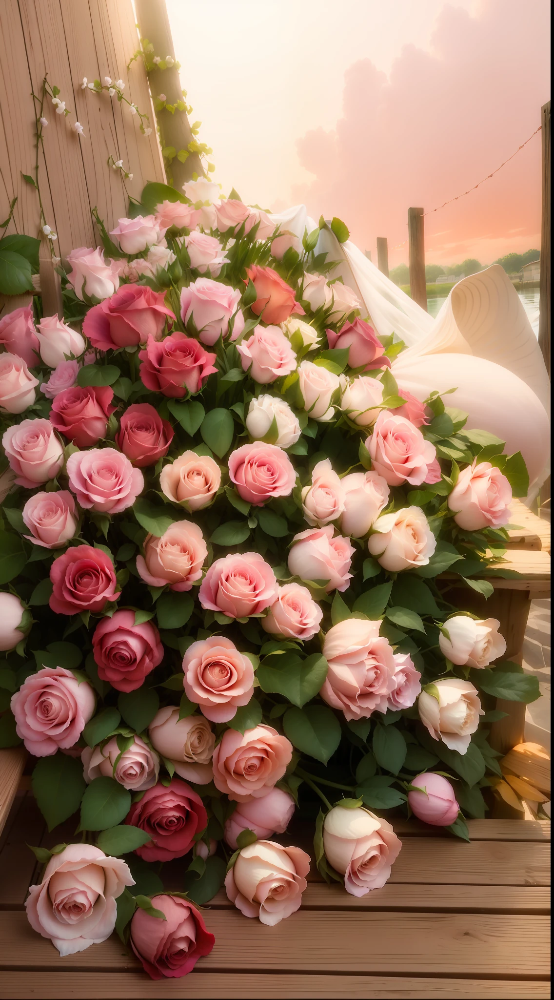 There is a bouquet of pink roses on the wooden bench, Romantic!!!, Beautiful image, rosette, Beautiful flowers, rosses, Lovely, Romantic, Beautiful, Flowers!!!!, 8K)), a few roses, beautifully, pastel roses, ❤🔥🍄🌪, big breasts beautiful, with soft pink colors, big breasts beautiful!, how pretty, for a beautiful