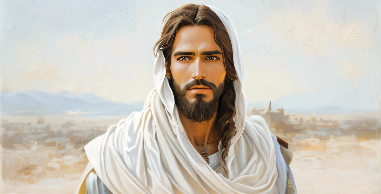 pintura de um homem com barba e xale branco, Retrato de Jesus Cristo orando, Jesus Cristo, jesus of nazareth, Jesus, rosto de Jesus, Greg Olsen, airbrush digital oil painting, O Senhor e Salvador, Christian art, painted in high resolution, beautiful man, pintado digitalmente, Vestido como Jesus Cristo, homem bonito, maravilhoso, Pedro, Jesus Gigachade