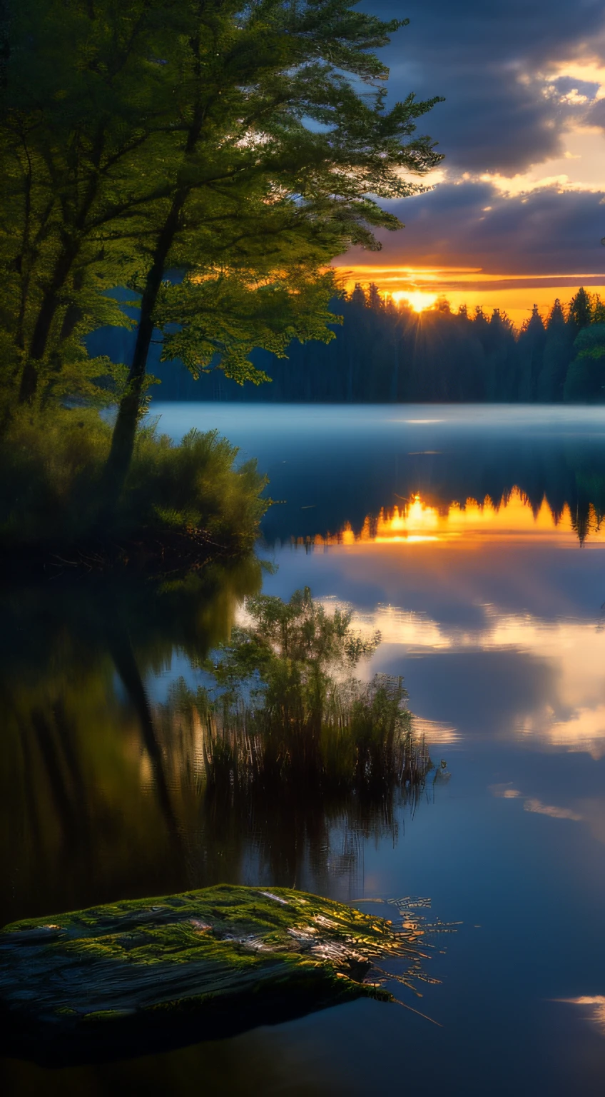 wallpaper, summer, lake, dawn, forest, detailed forest, clouds, masterpiece, cinematic, soft light, depth of field, ray tracing, reflection in water, realism, ulra detailed,