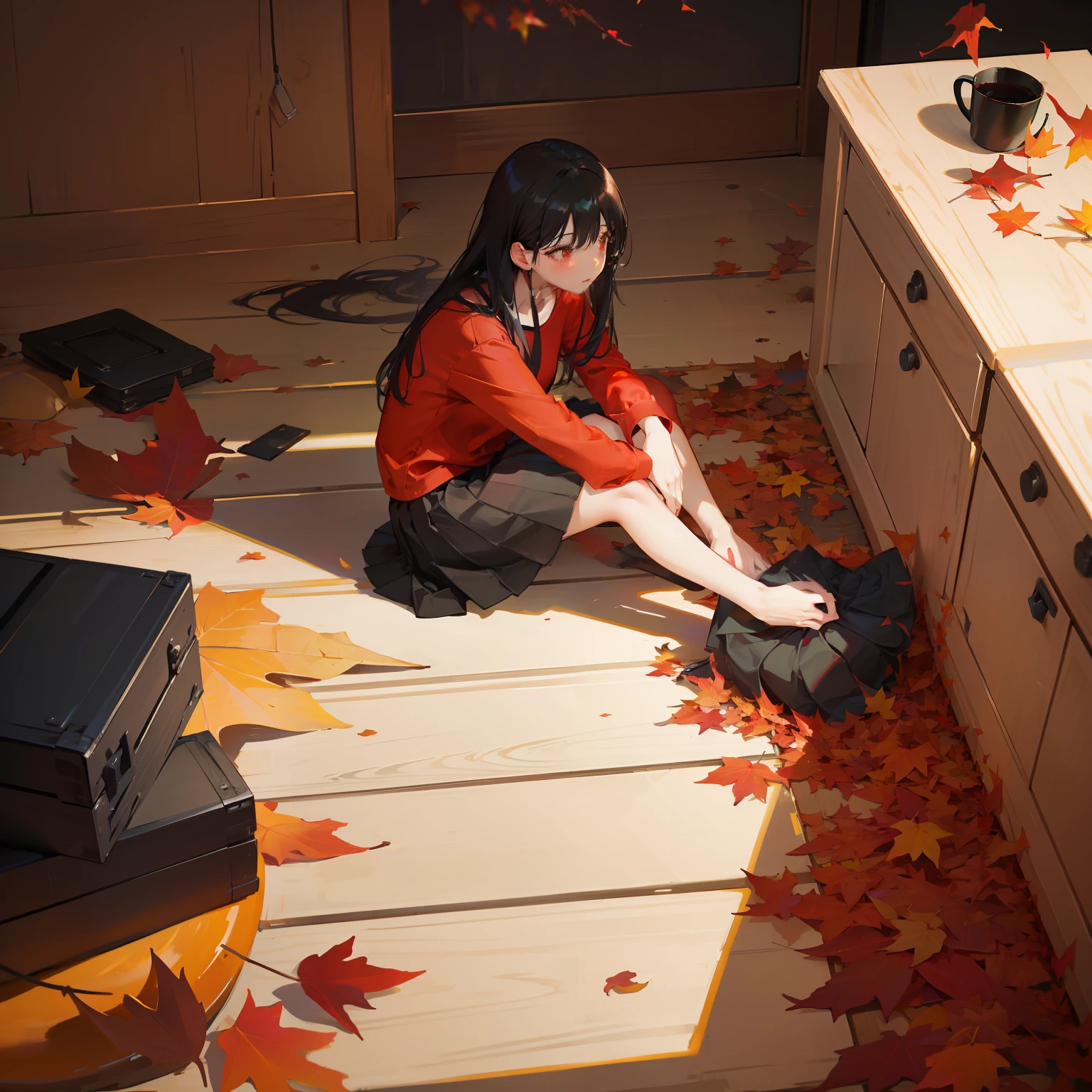 masterpiece、hightquality、vivd colour、(((Long Black Hair)))、(((Red Shirt)))、(((a black skirt)))、(((Residential area)))、(((fall down)))