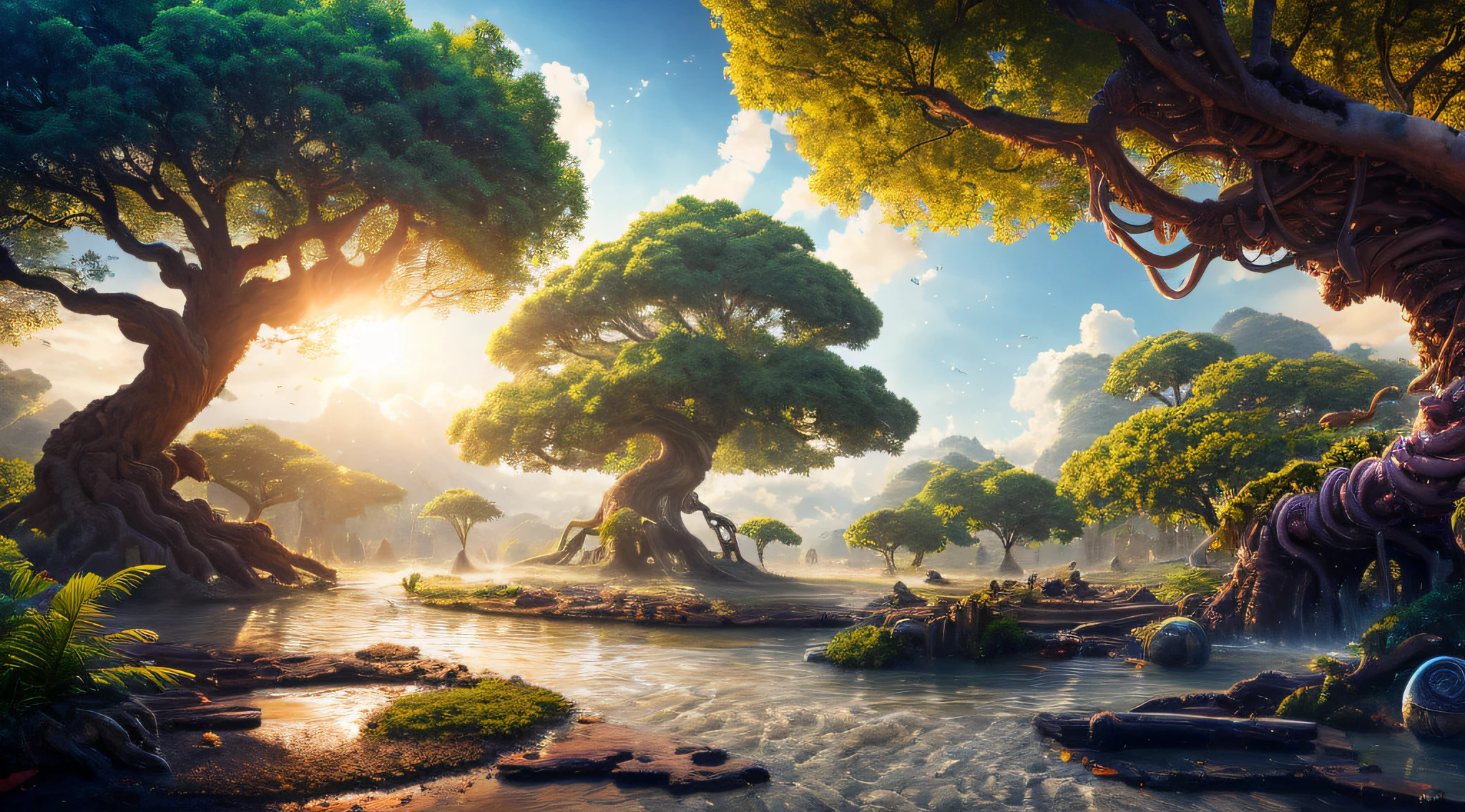 masterpiece, best quality, high quality, extremely detailed CG unity 8k wallpaper, a hyperrealistic colossal cyan raintree, in a futuristic prehistoric village, splashing water, sandy debris, lens flares, sunshaft, fluffy clouds, Hyperdetailed, HDR, bloom, Photorealistic, hyperdetailed