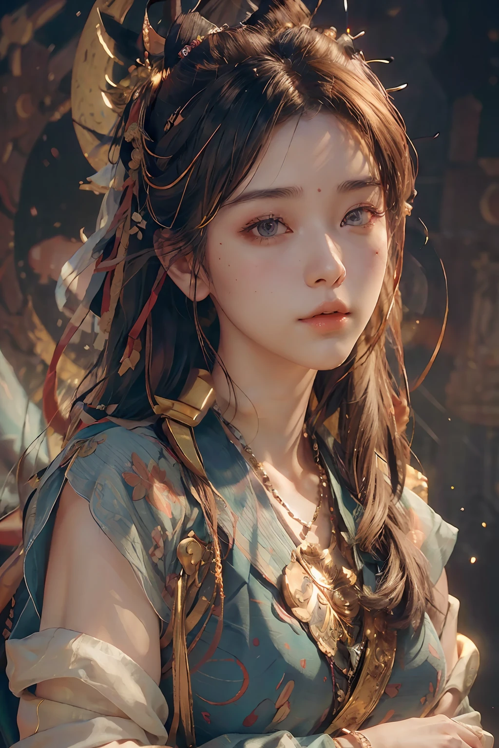 (RAW photo, best quality), (realistic, photo-realistic:1.3),best quality,highly detailed,masterpiece,ultra-detailed,illustration,1girl,upper_body,dynamic angle,world masterpiece theater,messy_long_hair,best quality,extremely detailed CG unity 8k wallpaper,ink,Amazing,cinematic lighting,lens_flare, dunhuang_style
