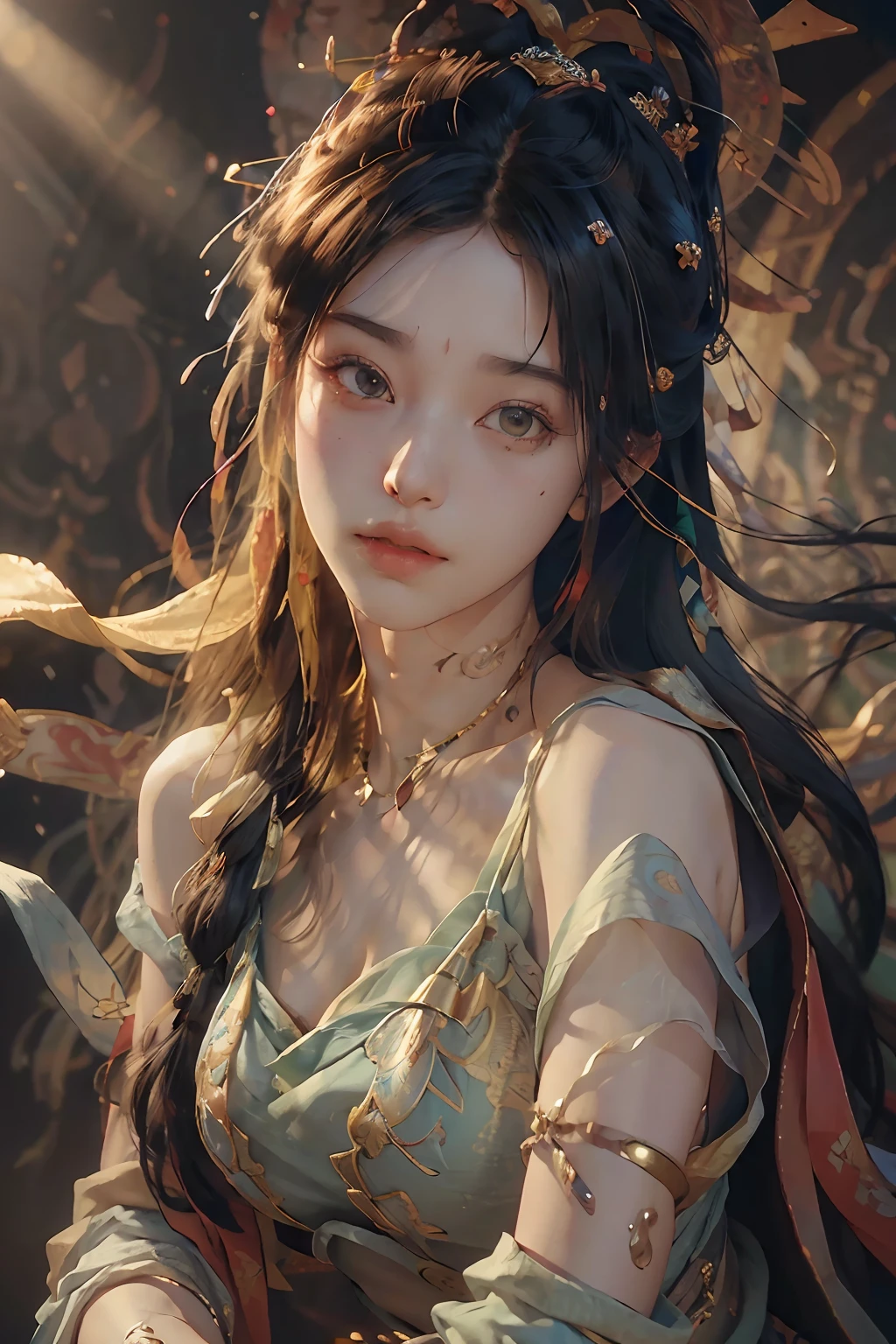 (RAW photo, best quality), (realistic, photo-realistic:1.3),best quality,highly detailed,masterpiece,ultra-detailed,illustration,1girl,upper_body,dynamic angle,world masterpiece theater,messy_long_hair,best quality,extremely detailed CG unity 8k wallpaper,ink,Amazing,cinematic lighting,lens_flare, dunhuang_style