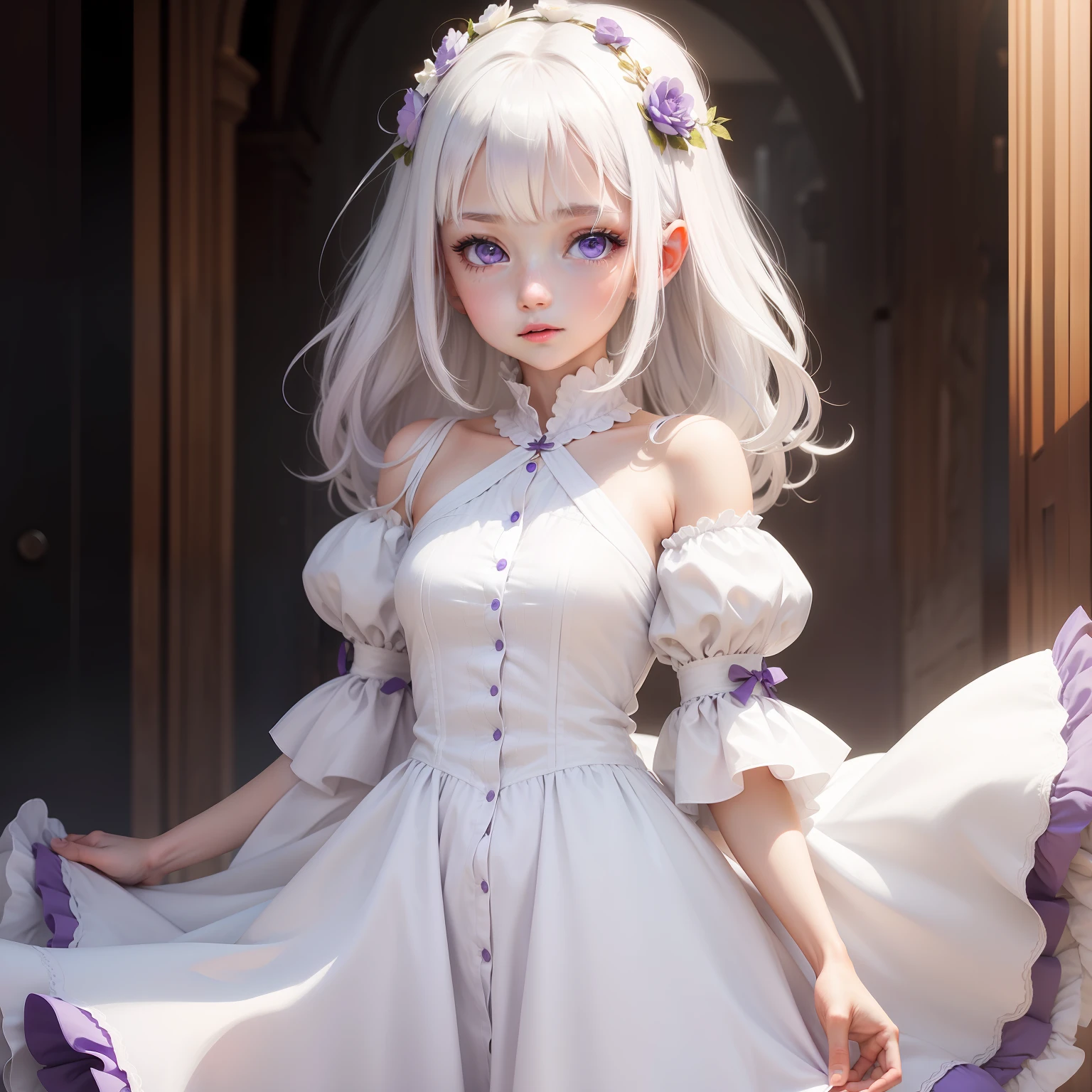 a young girl, white hair, purple eyes, white dress