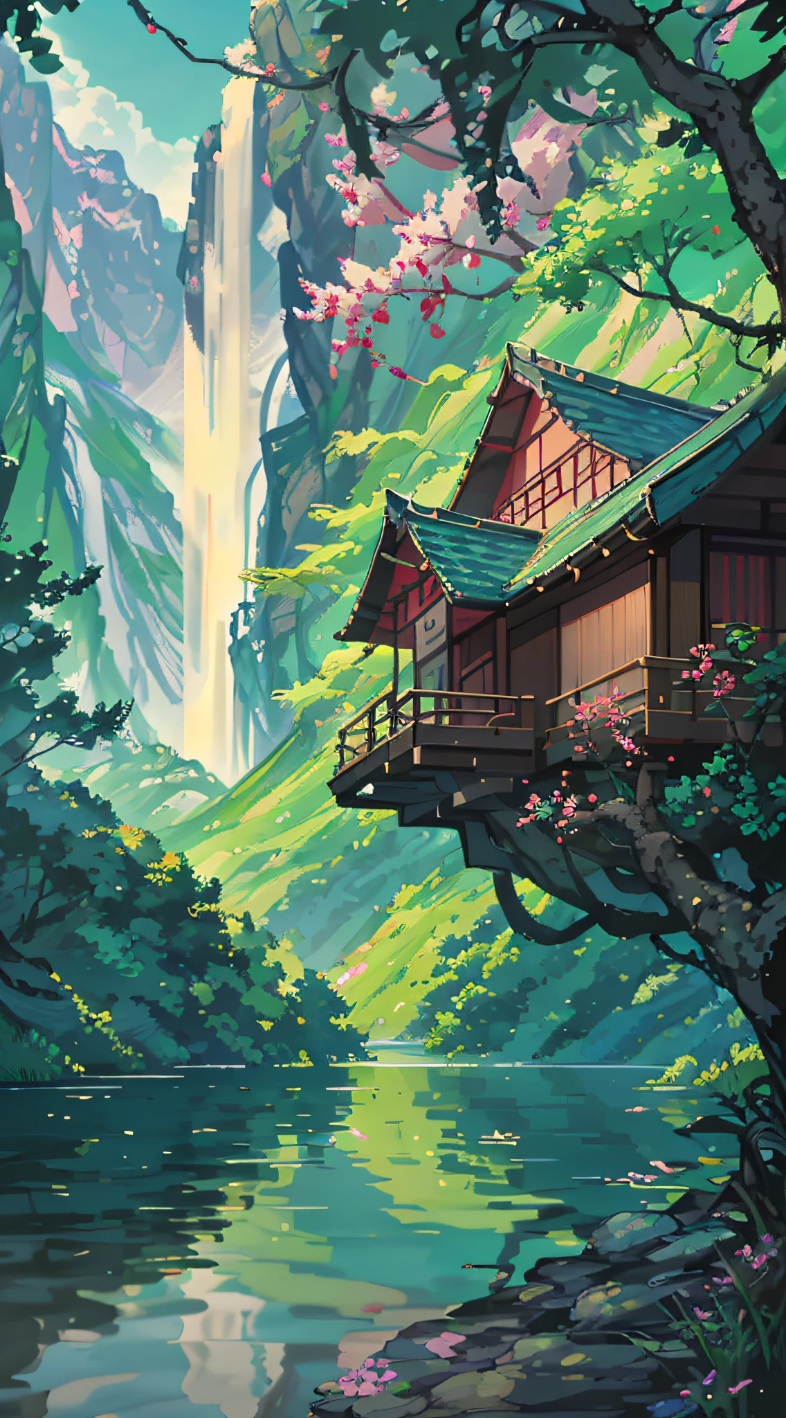 Chinese ancient times, spring, jungle, lake, cave, waterfall, tree, meadow, rock, deer, hot spring, water vapor, (illustration: 1.0), epic composition, realistic lighting, HD details, masterpiece, best quality, (very detailed CG unified 8k wallpaper)