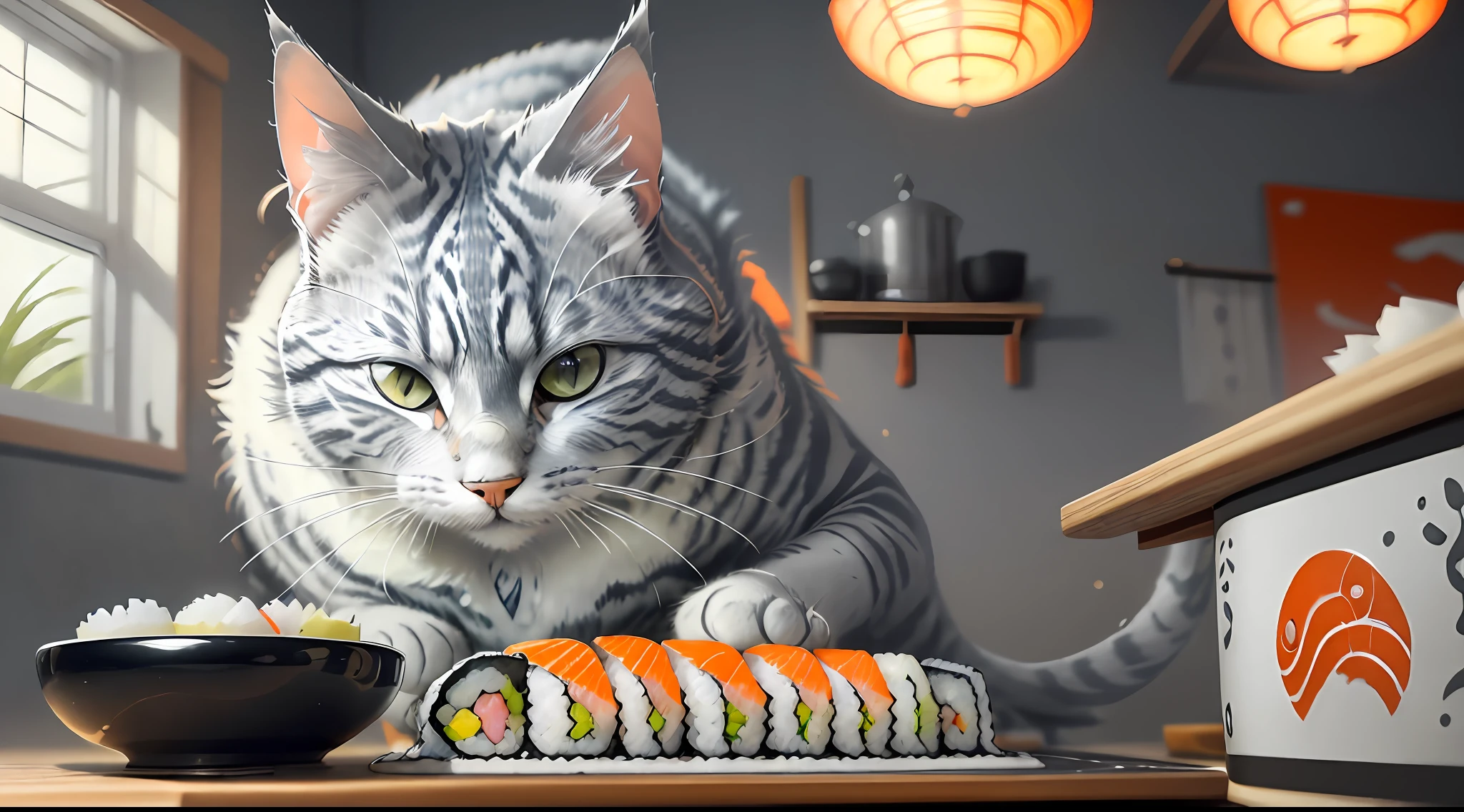 close-up photography of (grey tabby cat is preparing sushi on the table:1.2), (c4ttitude:1.3), in glasstech kitchen, hyper realistic, intricate detail, (foggy:1.1), pov from below