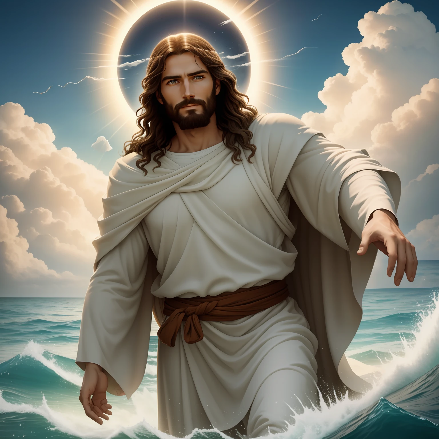 Jesus walking on water with a flying cloud in the background, Jesus walking on water, biblical illustration, epic biblical representation, forcing him to flee, coming out of the ocean, ! holding in hand!, disembarking, god of the ocean, beautiful representation, 8k 3D Model, realistic,
a 3D Realistic of jesus with a halo in the sky, jesus christ, smiling in heaven, portrait of jesus christ, jesus face, 33 young almighty god, portrait of a heavenly god, greg olsen, gigachad jesus, jesus of nazareth, jesus, the face of god, god looking at me, he is greeting you warmly, he is happy, avatar image