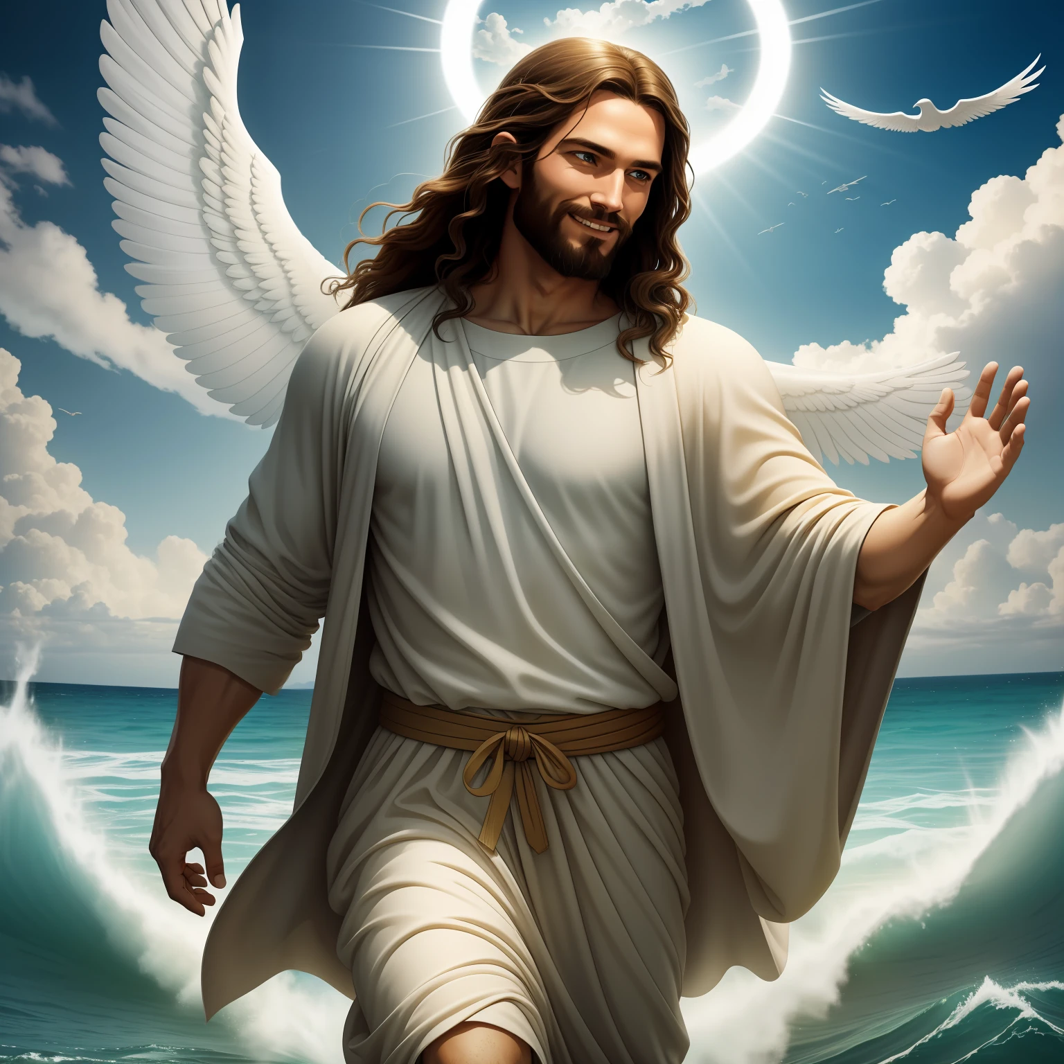 Jesus walking on water with a flying cloud in the background, Jesus walking on water, biblical illustration, epic biblical representation, forcing him to flee, coming out of the ocean, ! holding in hand!, disembarking, god of the ocean, beautiful representation, 8k 3D Model, realistic,
a 3D Realistic of jesus with a halo in the sky, jesus christ, smiling in heaven, portrait of jesus christ, jesus face, 33 young almighty god, portrait of a heavenly god, greg olsen, gigachad jesus, jesus of nazareth, jesus, the face of god, god looking at me, he is greeting you warmly, he is happy, avatar image