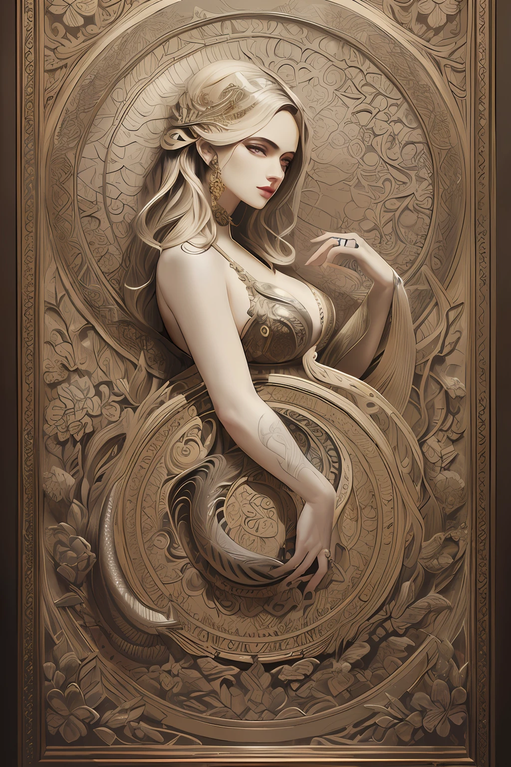 mulher arafed em um vestido com uma cobra em uma parede, deusa. Detalhes extremamente altos, karol bak uhd, Karol Bak e Peter Mohrbacher, tiro extremamente detalhado da deusa, Retrato da deusa 3D, estilo de karol bak, mulher extremamente detalhada, arte de fantasia detalhada, retrato de fantasia fosco detalhado, arte digital de fantasia detalhada, Arte digital altamente detalhada em 4k