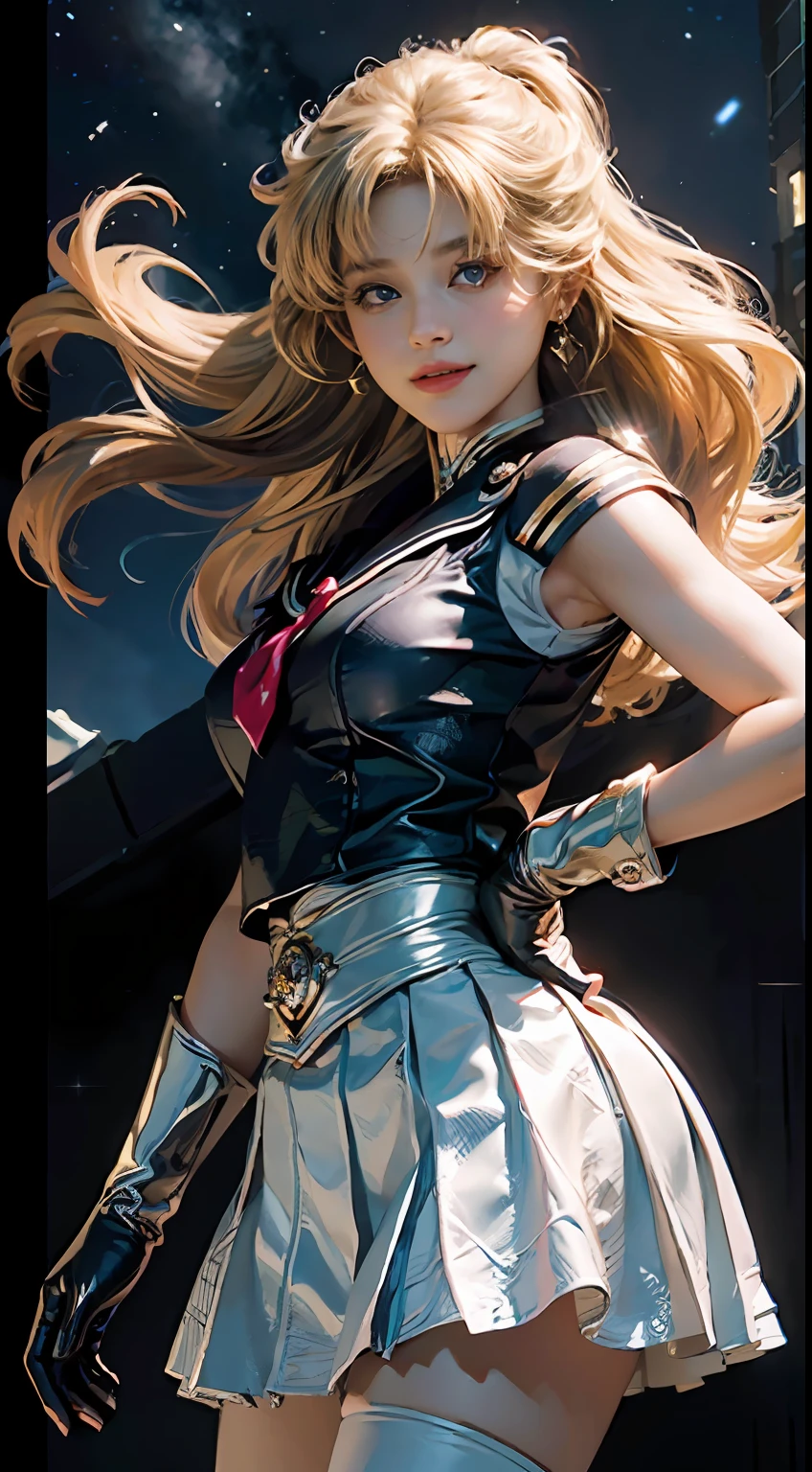 (Extreme detail CG Unity 8K wallpaper, masterpiece, highest quality), (exquisite lighting and shadow, highly dramatic picture, cinematic lens effect), (Sailor Moon: 1.1), charming smile, double tail, blue eyes, blond hair, tight top, white gloves, mini skirt, dynamic pose), the background is the universe (excellent detail, excellent lighting, wide angle), (excellent rendering, enough to stand out in its class),
