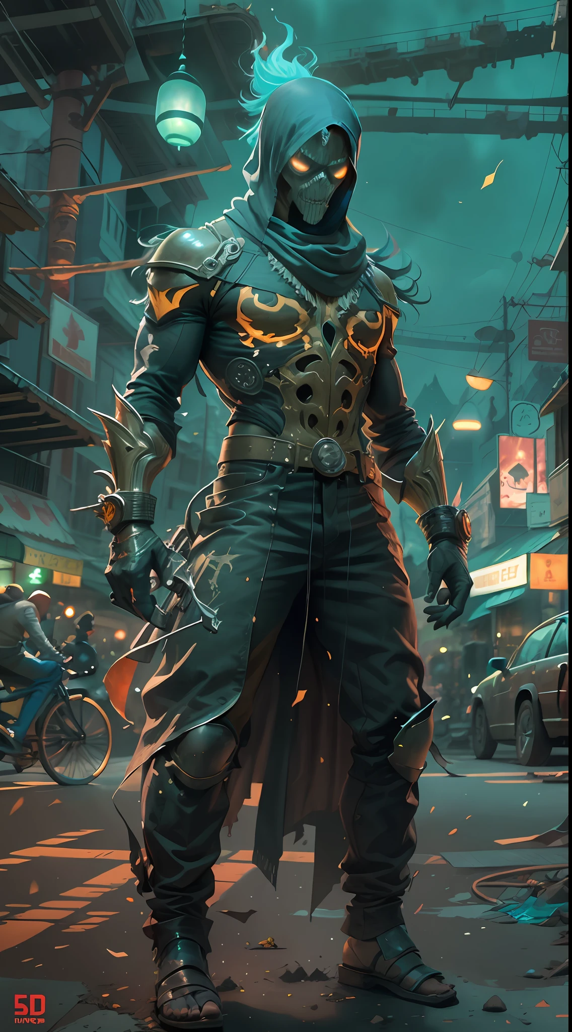 the(MIDJOURNY-v5 style) "GHOST RIDER" with his bike, he standing in the "myanmar yangon street market", ancient "hell king" style, "GHOST RIDER" full body is shining with "blue thunder-bolt electric flame", midjourny-v5.0 "MYANMAR YANGON STREET MARKET" style, dress are full of hell armor with aqua 4D arabesque desing, ("MARVEL UNIVERSE") design, DUO tone color, "MYANMAR YANGON" CITY "DOWNTOWN" background, ghotic, 4d illustrated ( HELL bike) design, post of "MYANMAR" world, futuristic city, "FUTURE" building and street style, shiny great colors,prosperous buildings, breathtaking architectural designs, luxurious constructions, highly massive detailed, perfect position, stunning progressive architecture, flawless world, subsurface scattering, flawless buildings, beyond imagination, 8K, global illumination, god rays, "MYANMAR YANGON CITY world in the style of Studio Ghibli, future city scape style, ("BO GYOKE MARKET" )is cinematic colors, trading on artstation, strong and majestic 32k, 4D Illustrator digital painting, volumateric lighting, character style, futurepunk aesthetic, "maximum focused on the character", 8k resolution, 32k rendering, using Cinema 4D, trending anime artwork, very strong demonpunk( GHOST RIDER ) design, digital epic artwork, shot with SONY(A7RV)FE 80mm F/5.8,viktor antonov concept art, dressed as a ((HELL KING)), official character art, technomancer, character artwork, stunning character art, ultra realistic, 32k, ,luxurious cinematic colour quality, unique and mesmerizing building look, tranding on artstation,(magnificent 4d arabesque art), ostentatious detailed future YANGON city. 32K,4D,64-bit,pixar c4d.
