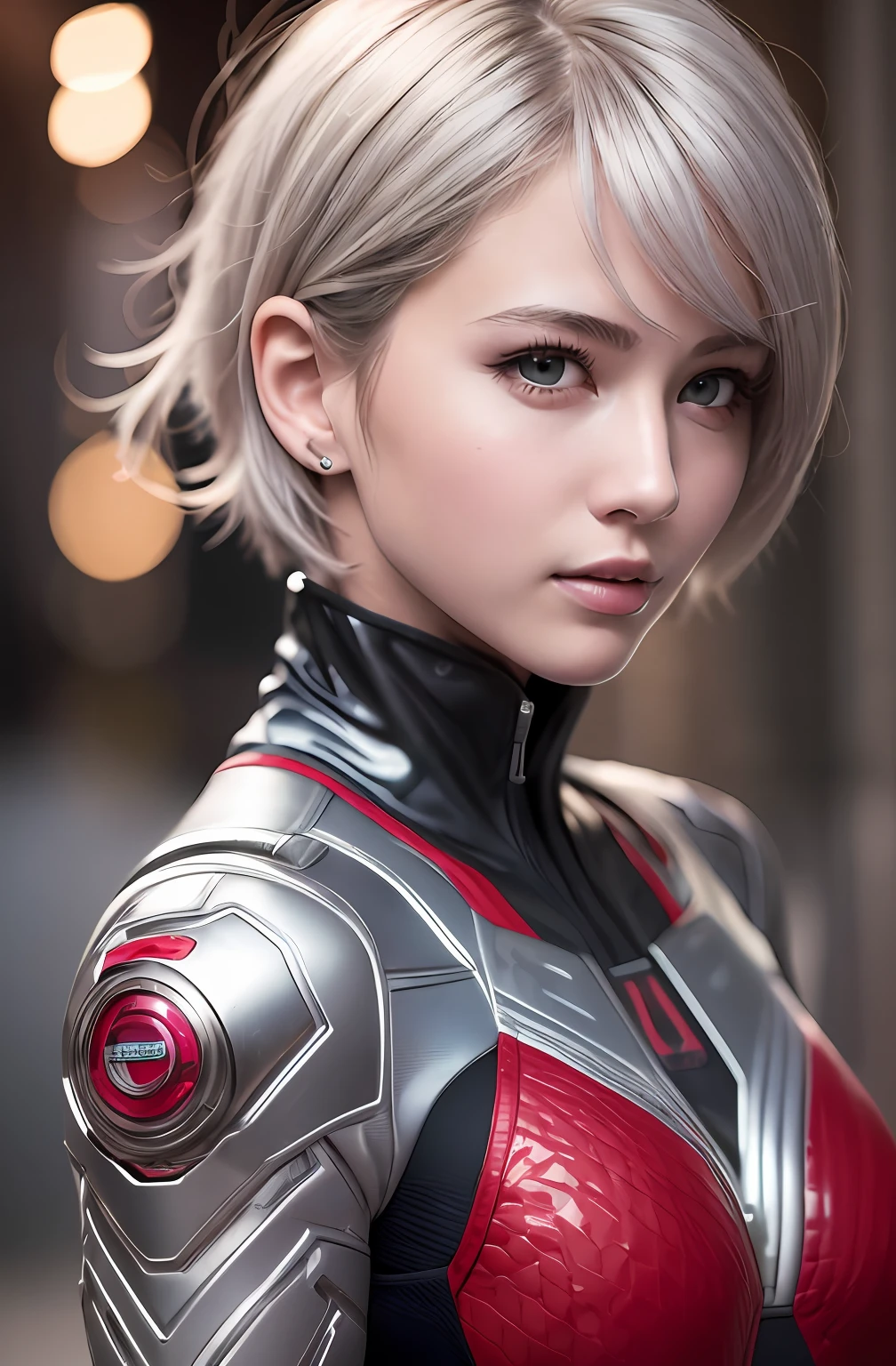 (8k, photorealistic, RAW photo, top quality: 1.4), (1girl), super beautiful, (realistic face), (boyish, silver-colored berry short hair), beautiful cyberpunk suit, glares seducing viewer, beautiful expression, beautiful breasts, (realistic skin), beautiful smile, (soldier), attractive, ultra high resolution, ultra realistic, high definition, spoiled