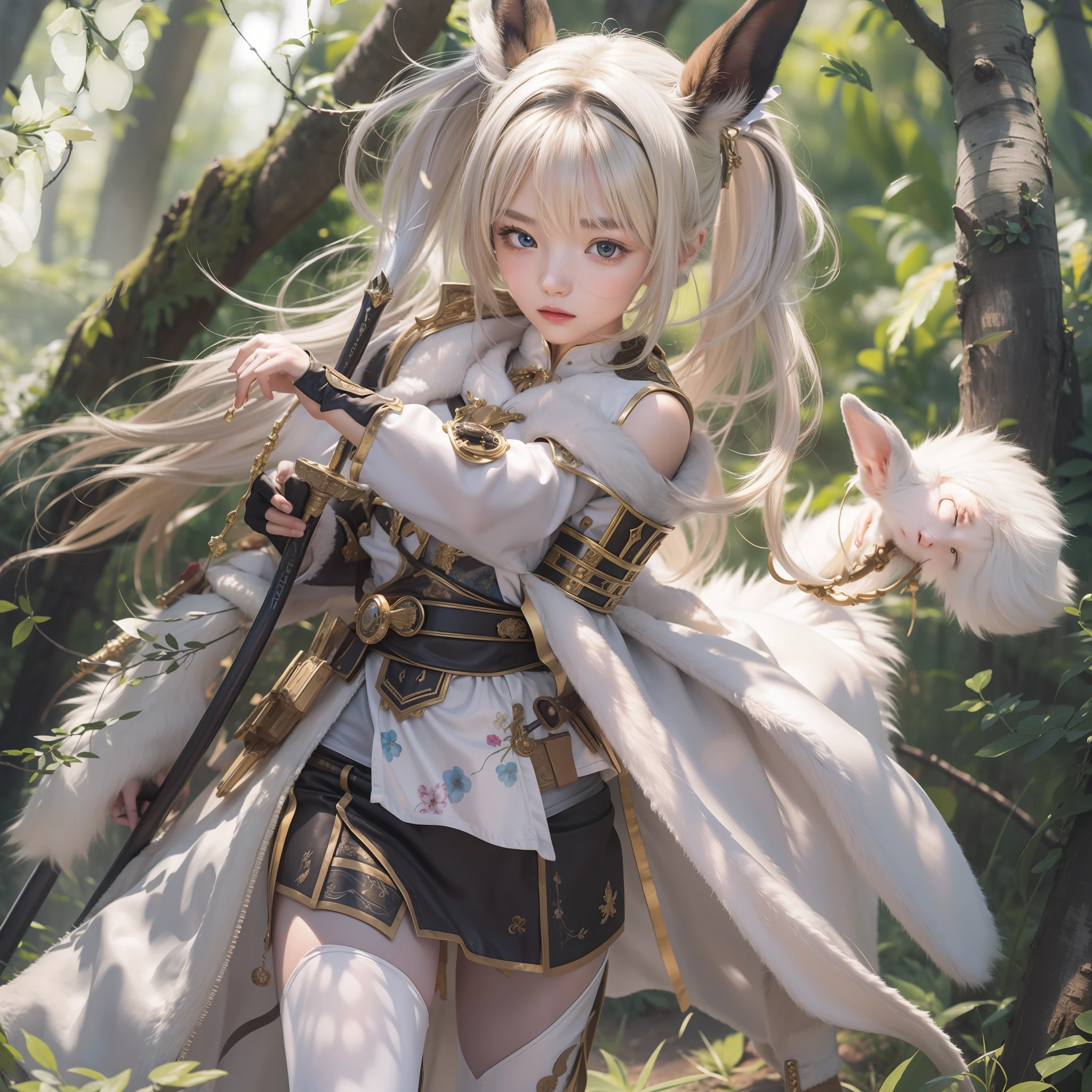 (masterpiece, best quality:1.4), extremely detailed, absurdres, highres,1girl,rabbit furry,fur skin,rabbit ears,rabbit tail,dynamic pose,perfect face,white and yellow gradient hair, ponytail hair,(jitome:1.5),tareme,rainbow eyes, glowing eyes,beautiful eyes,White and gold armor,sword,with raised arm, BREAK, with vibrant colors,kind atmosphere,sunlight,warm light rays,shadows, ray tracing, BREAK, (super fine illustration),(highly detailed,highly detailed background),(sense of depth), BREAK, fantasy,Tall mountain backdrop, slopes divided, tonality varied,Small forest at mountain's base,left-positioned,Distant city skyline,BREAK, looking at viewer, from front,