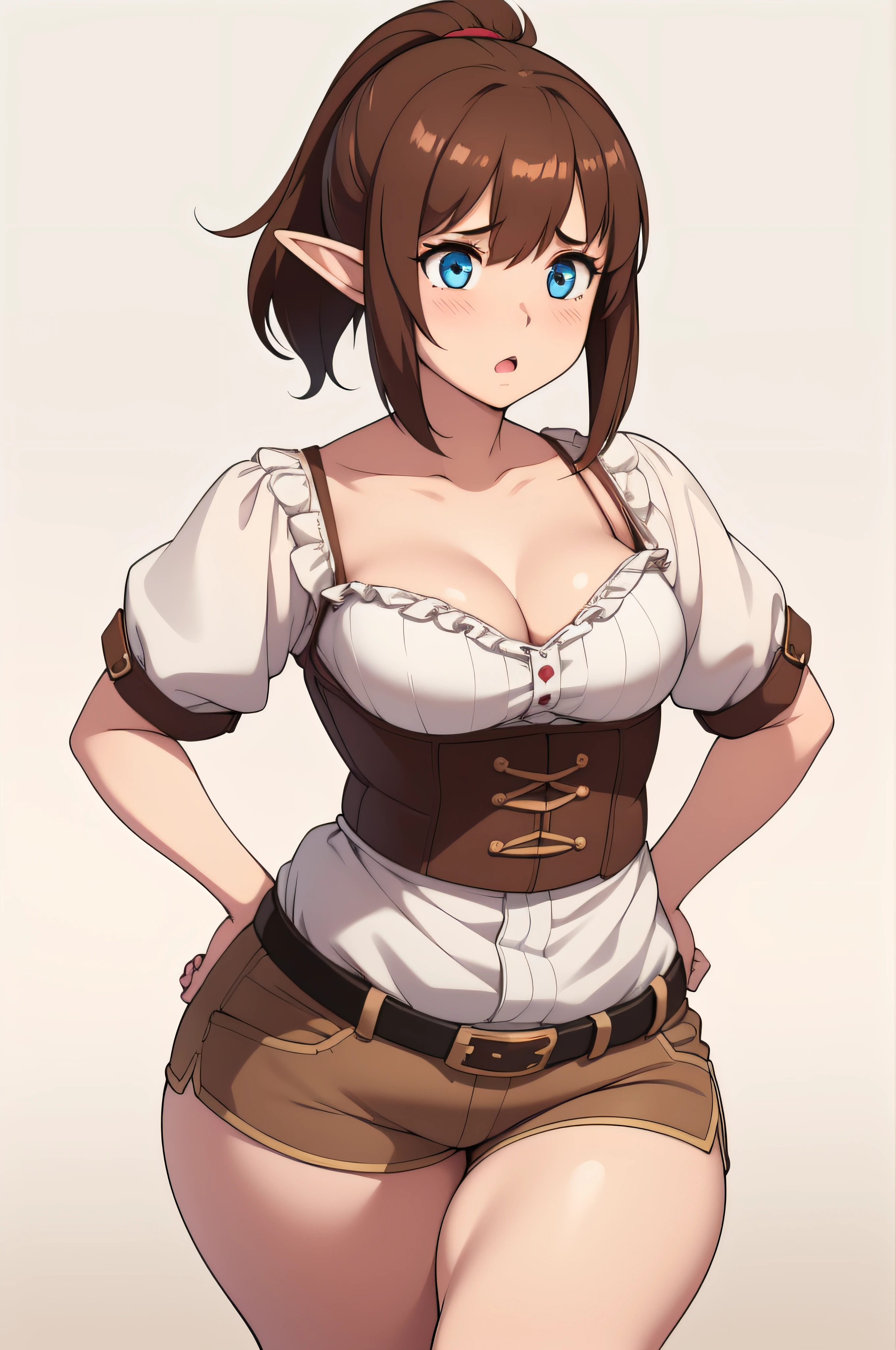 (((kipteitei art))), game cg, Masterpiece, high quality, best quality, beautiful, HD, perfect lighting, detailed face, detailed body, ultra cute face, ((1girl)), ((solo)), brown hair, short hair, hair between eyes, ponytail, blue eyes, elf, fantasy, blush, shocked look, surprised, looking at the viewer, standing, hands on hips, (brown shorts), belt, laced shirt, frilled shirt, peasant clothes, fantasy clothes, (small breasts), cleavage, perky breasts, (wide hip), ((thick thighs)), she is bottom heavy, (white background),