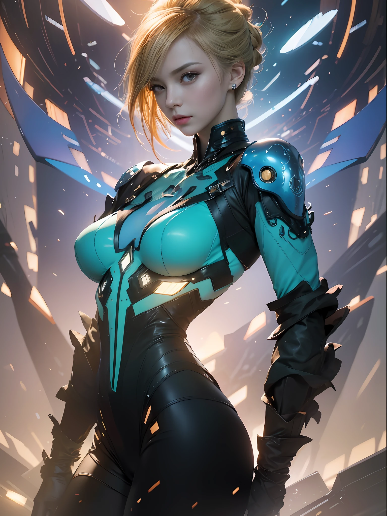 best qualtiy，tmasterpiece，超高分辨率，（Fidelity：1.4），1girll，decolletage，deep shading，A detailed face，A detailed eye，shiny skins，top Quority， tmasterpiece， 超高分辨率， （Photorealsitic： 1.4）， RAW photogr， 1 rapariga， Glow skin， 1 mechanical girl， （hyper realistic detailed））， sportrait， globalillumination， shadowing， rendering by octane， 8K， Super sharp，huge tit  ， very complex details， Realistic light, Delicate wheat-colored skin, Bloody eyes and bulging