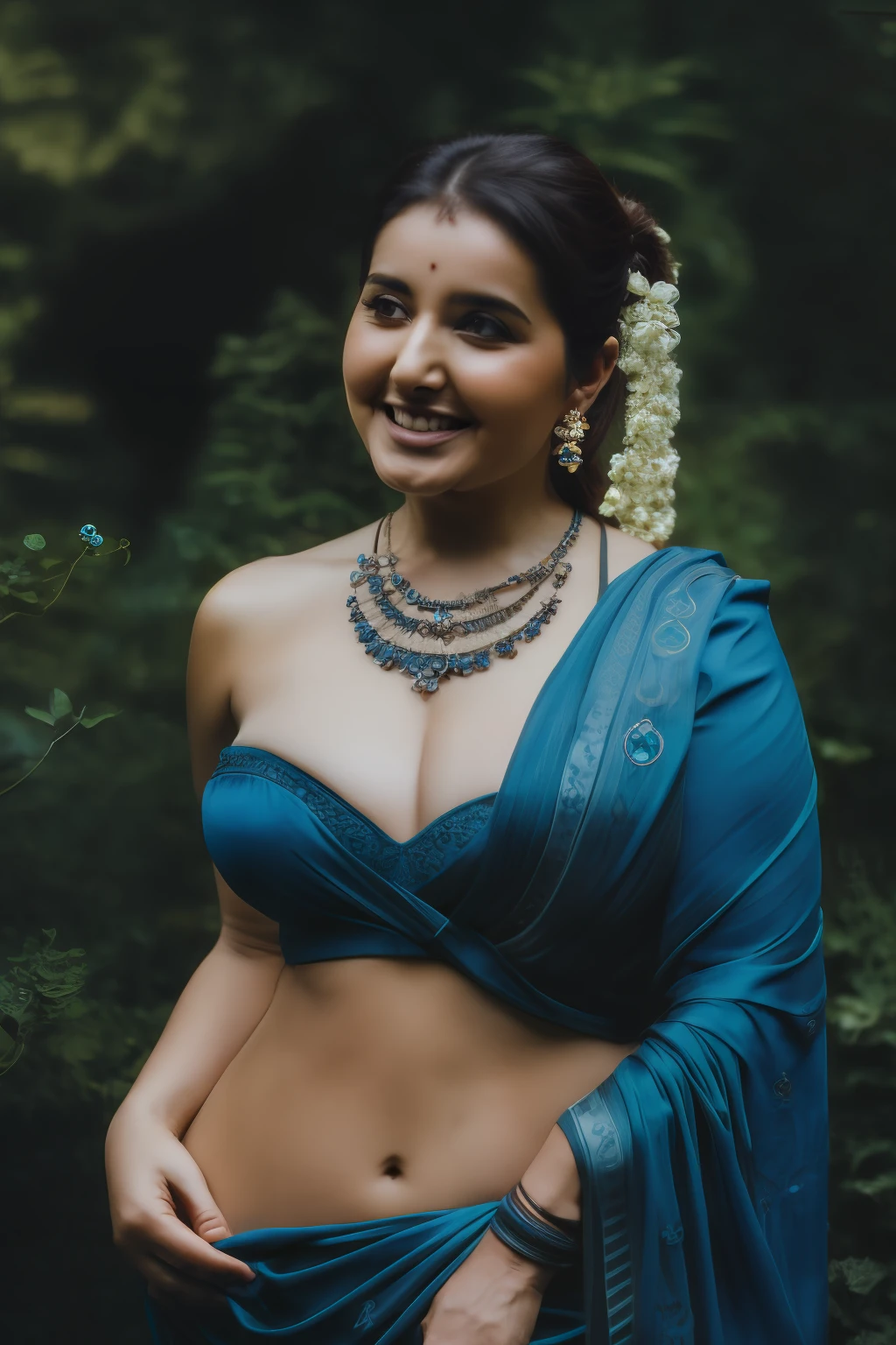 Nsfw, day scene, photo of naked (jaya prada:0.1), big cheeks, , perfect breasts, posing in a garden, hourglass figure, armpits, (blue eyes:1), ponytail, necklace, 30 yo, look at viewer and smile, (cinematic:1.3), intricate details, (ArtStation:1.2) rashi khanna