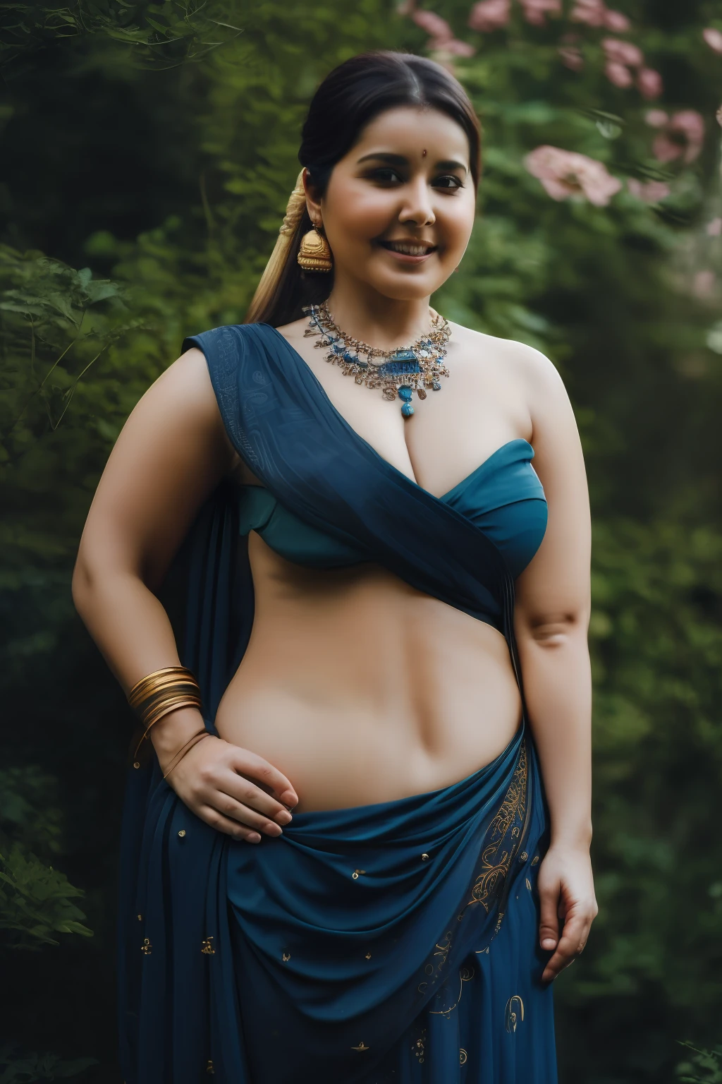 Nsfw, day scene, photo of naked (jaya prada:0.1), big cheeks, , perfect breasts, posing in a garden, hourglass figure, armpits, (blue eyes:1), ponytail, necklace, 30 yo, look at viewer and smile, (cinematic:1.3), intricate details, (ArtStation:1.2) rashi khanna