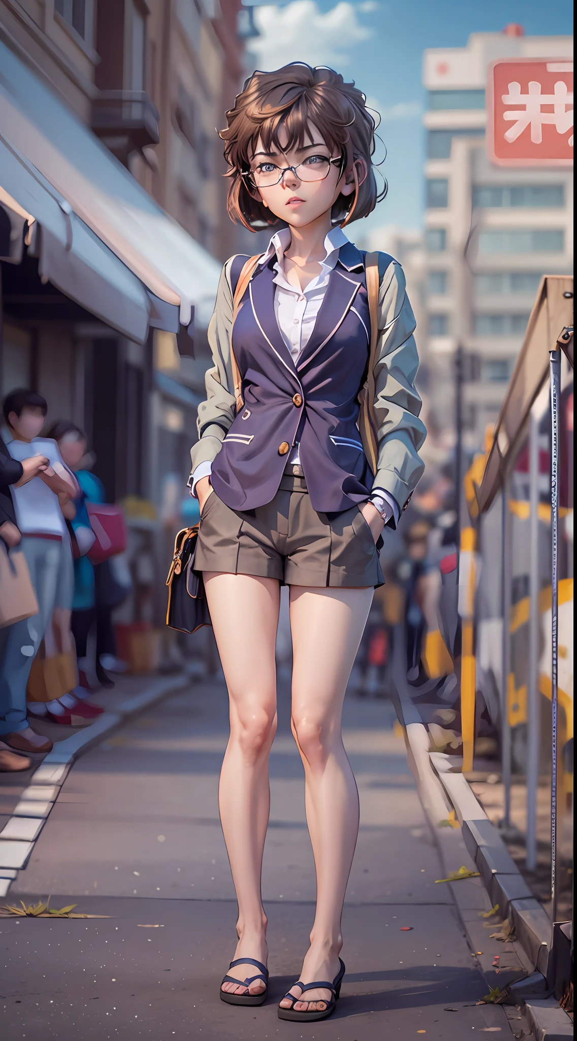 Ai haibara-Shiho Miyano, (detective conan \(style\), meitantei conan), Realistic, Photorealistic, (masterpiece:1,5), (1girl), urban backdrop, concept art, intricate detail, high detail, photo realistic, octane render, 8k, dynamic poses, top quality, (realistic face : 1.1), (hyperrealistic:1.1), ((full_body 1:1)), (very detailed background), not out of frame, Very detailed