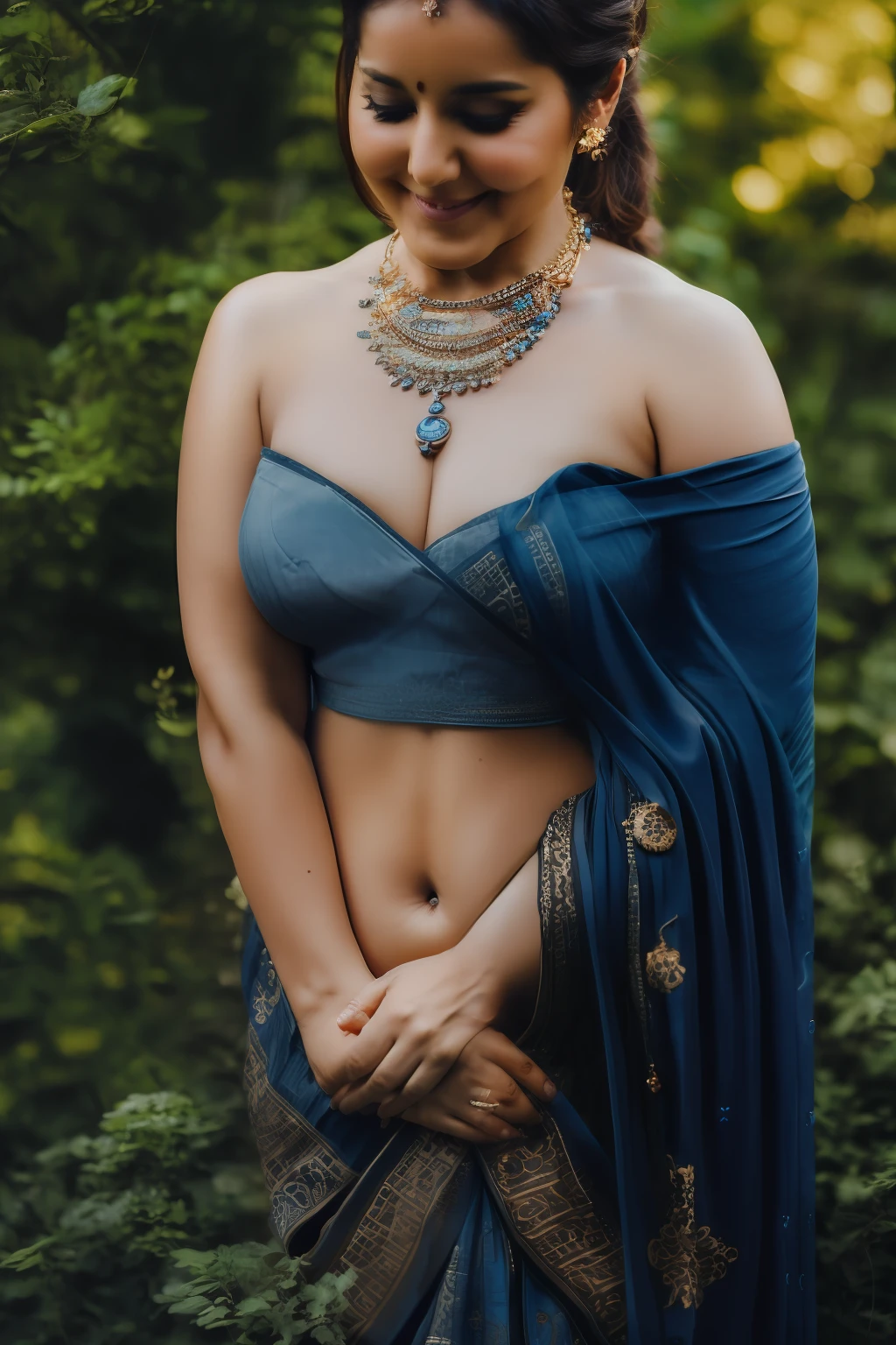 Nsfw, day scene, photo of naked (jaya prada:0.1), big cheeks, , perfect breasts, posing in a garden, hourglass figure, armpits, (blue eyes:1), ponytail, necklace, 30 yo, look at viewer and smile, (cinematic:1.3), intricate details, (ArtStation:1.2) rashi khanna