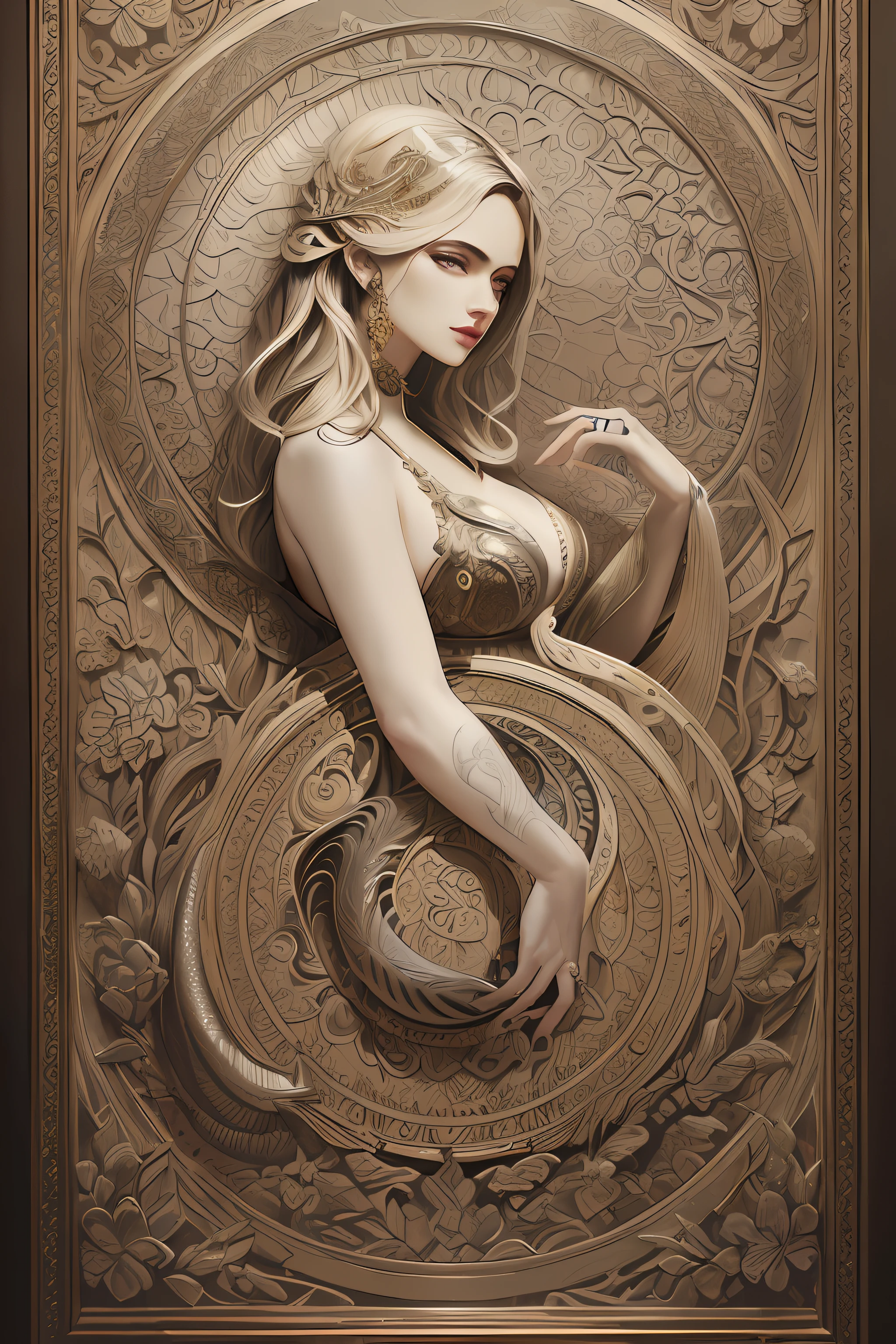 mulher arafed em um vestido com uma cobra em uma parede, deusa. Detalhes extremamente altos, karol bak uhd, Karol Bak e Peter Mohrbacher, tiro extremamente detalhado da deusa, Retrato da deusa 3D, estilo de karol bak, mulher extremamente detalhada, arte de fantasia detalhada, retrato de fantasia fosco detalhado, arte digital de fantasia detalhada, Arte digital altamente detalhada em 4k