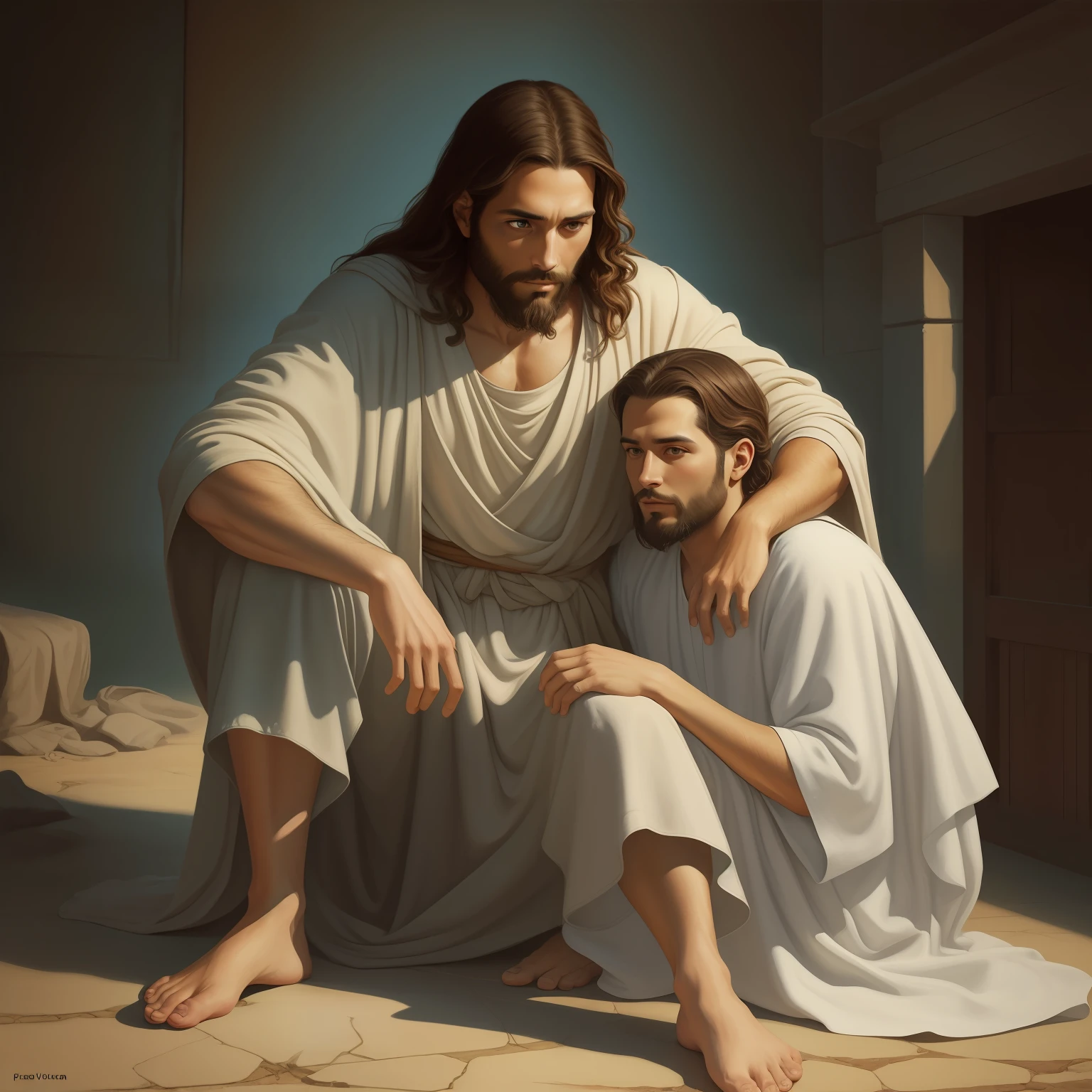 A beautiful ultra-thin realistic portrait of Jesus, the prophet, a man 35 years old Hebrew brunette, short brown hair, long brown beard, with, Helping People , wearing long linen tunic closed on the chest part, in front view, full body, biblical, realistic,by Diego Velázquez,Peter Paul Rubens,Rembrandt,Alex Ross,8k, Concept Art, PhotoRealistic, Realistic, Illustration, Oil Painting, Surrealism, HyperRealistic, helping people , Digital art, style, watercolor