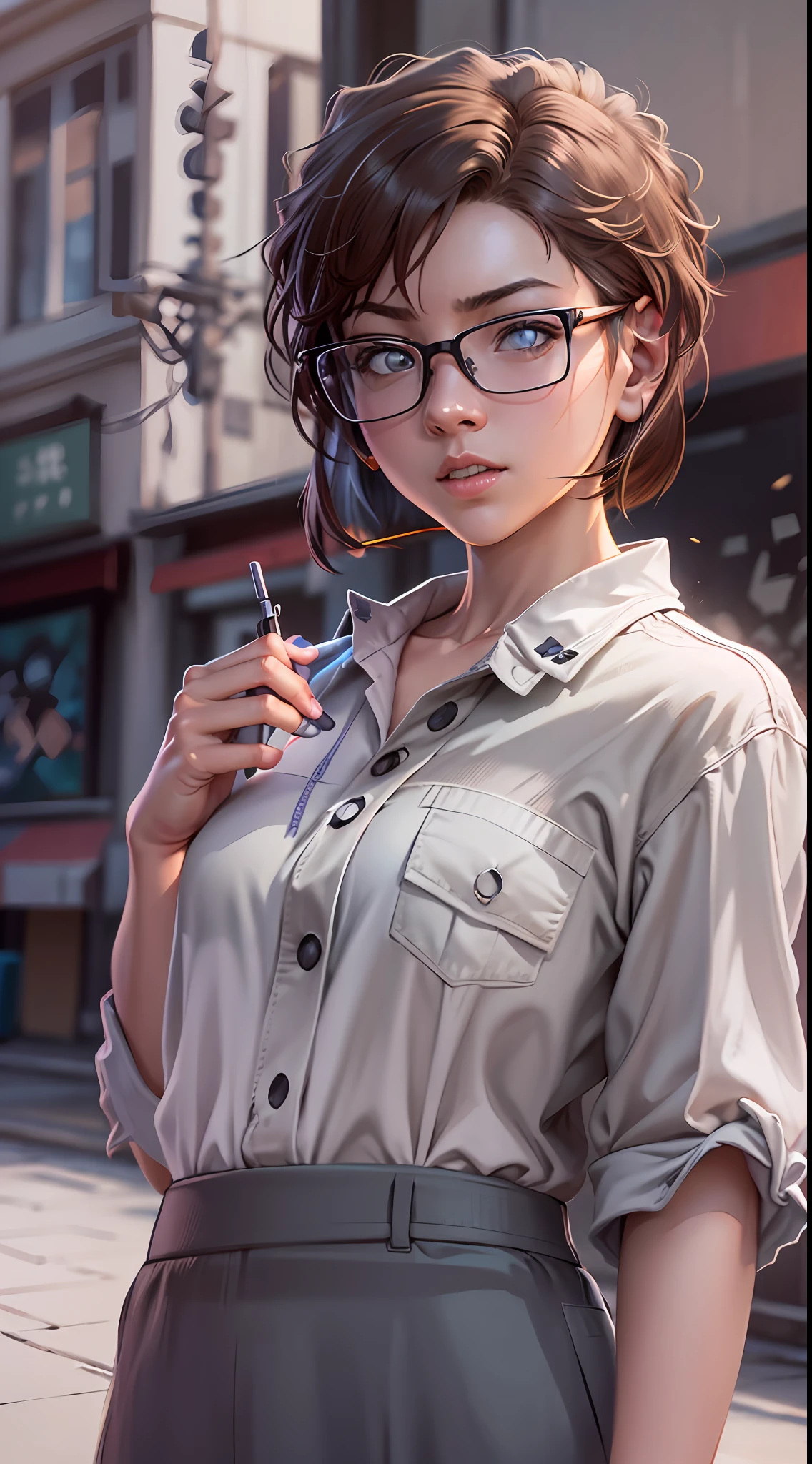 Ai haibara-Shiho Miyano, (detective conan \(style\), meitantei conan), Realistic, Photorealistic, (masterpiece:1,5), (1girl), urban backdrop, concept art, intricate detail, high detail, photo realistic, octane render, 8k, dynamic poses, top quality, (realistic face : 1.1), (hyperrealistic:1.1), ((full_body 1:1)), (very detailed background), not out of frame, Very detailed