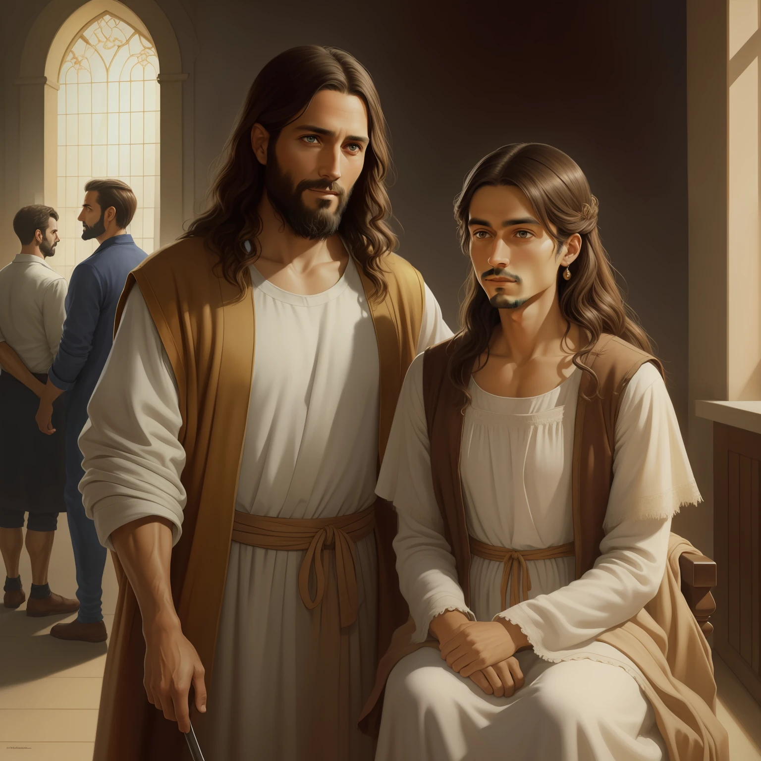 A beautiful ultra-thin realistic portrait of Jesus, the prophet, a man 35 years old Hebrew brunette, short brown hair, long brown beard, with, Helping People , wearing long linen tunic closed on the chest part, in front view, full body, biblical, realistic,by Diego Velázquez,Peter Paul Rubens,Rembrandt,Alex Ross,8k, Concept Art, PhotoRealistic, Realistic, Illustration, Oil Painting, Surrealism, HyperRealistic, helping people , Digital art, style, watercolor