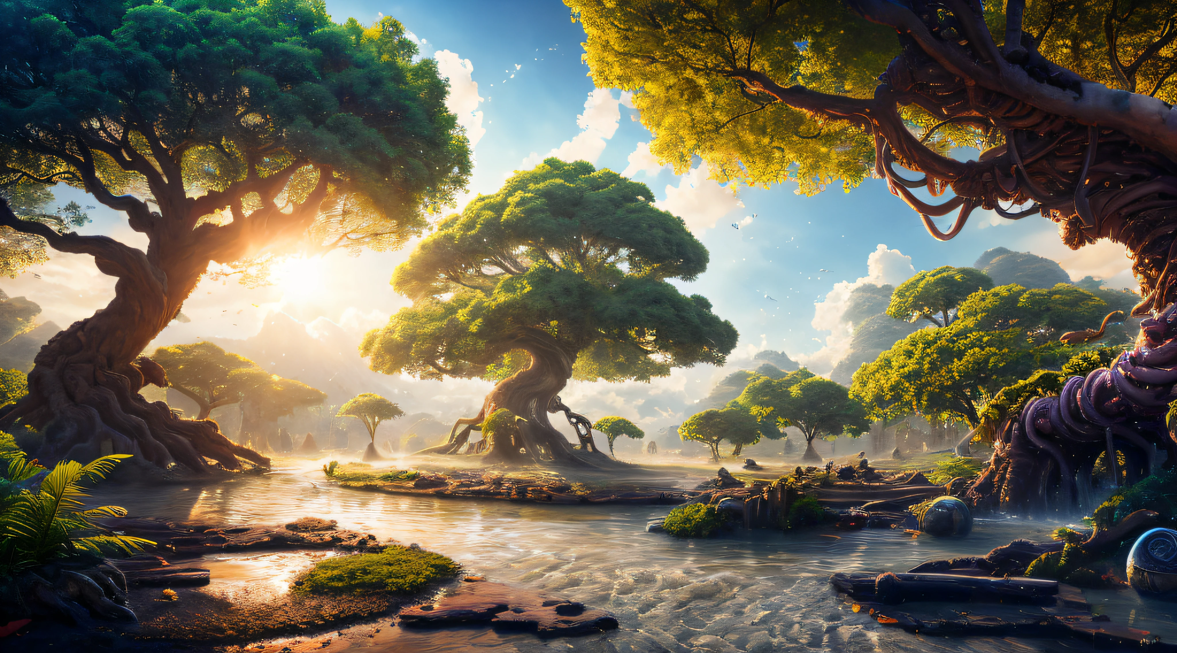 masterpiece, best quality, high quality, extremely detailed CG unity 8k wallpaper, a hyperrealistic colossal cyan raintree, in a futuristic prehistoric village, splashing water, sandy debris, lens flares, sunshaft, fluffy clouds, Hyperdetailed, HDR, bloom, Photorealistic, hyperdetailed