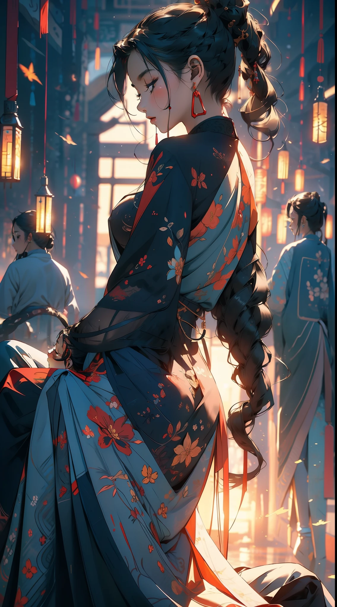 A woman sits cross-legged meditating，Sit cross-legged，Facing the audience，（Gossip pattern on the back），Gossip that emits shimmering，（god light）,Black hair, pony tails, long whitr hair, Floating hair, Split ponytail, Eyes slightly closed，busty figure，Red and black hanfu chiaroscuro, back lit lighting, Masterpiece, Textured skin, Super detail, Best quality