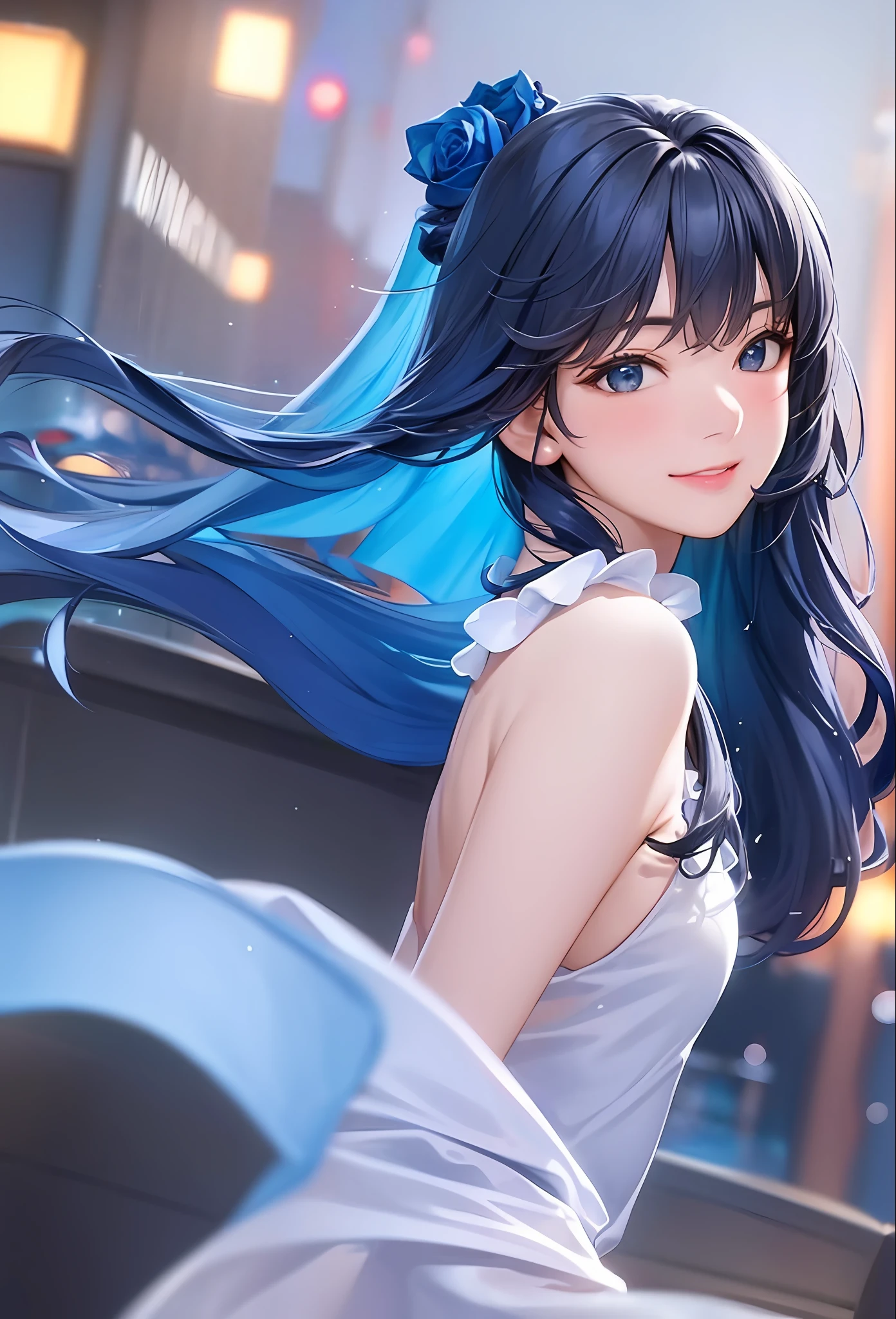 (8k, top quality, masterpiece: 1.2), (realistic, photorealistic: 1.37), super detailed, girl alone, cute, solo, midnight, beautiful detailed sky, detailed café, sitting, dating, (blush), (smile: 1.15), small breasts (mouth closed), beautiful fine eyes, floating hair NovaFrogStyle, back open dress, blue rose accessories, Blue rose background