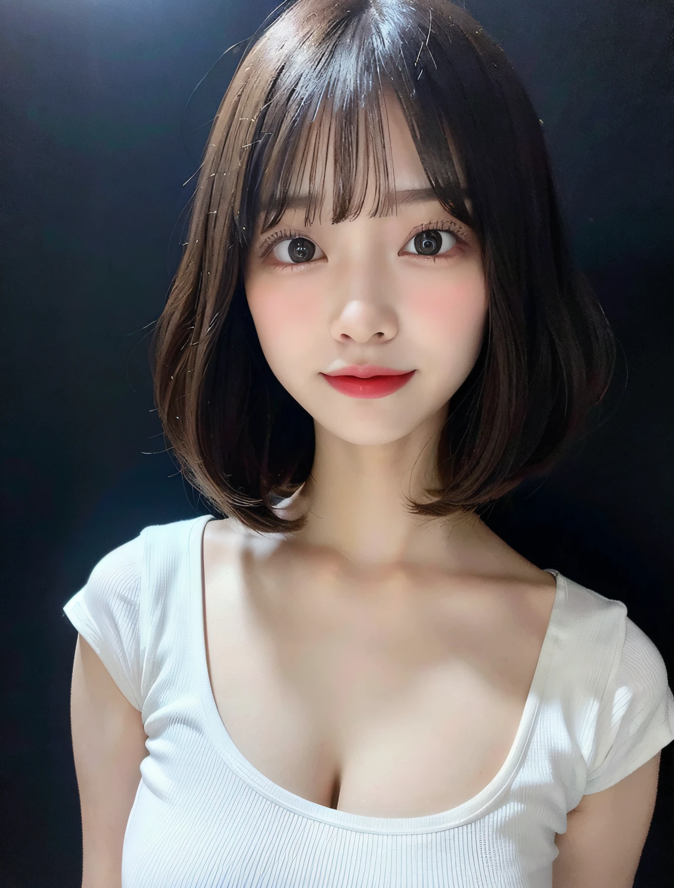 8K,Professional Lightingultra-high resolution ,(photographrealistic: 1.1) ,Detailed face ,bob cut ,young girl ,dramatc ,kawaii , cleavage of the  ,( out:1.1) ,black solid color background,A slight smil ,dynamic angle ,low angle full body shot ,white t-shirt ,