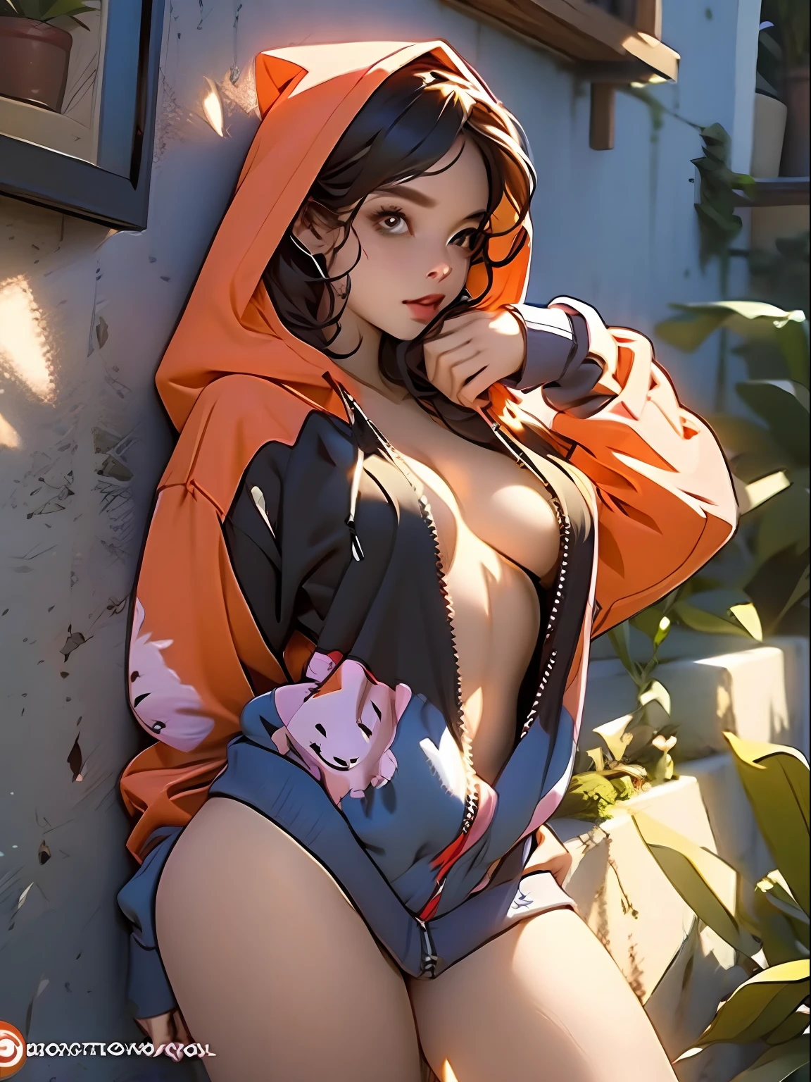 Uma garota fofo com uma blusa de moleton aberta mostrando os seios grandes e empinados, cena sexy, naked hoodie