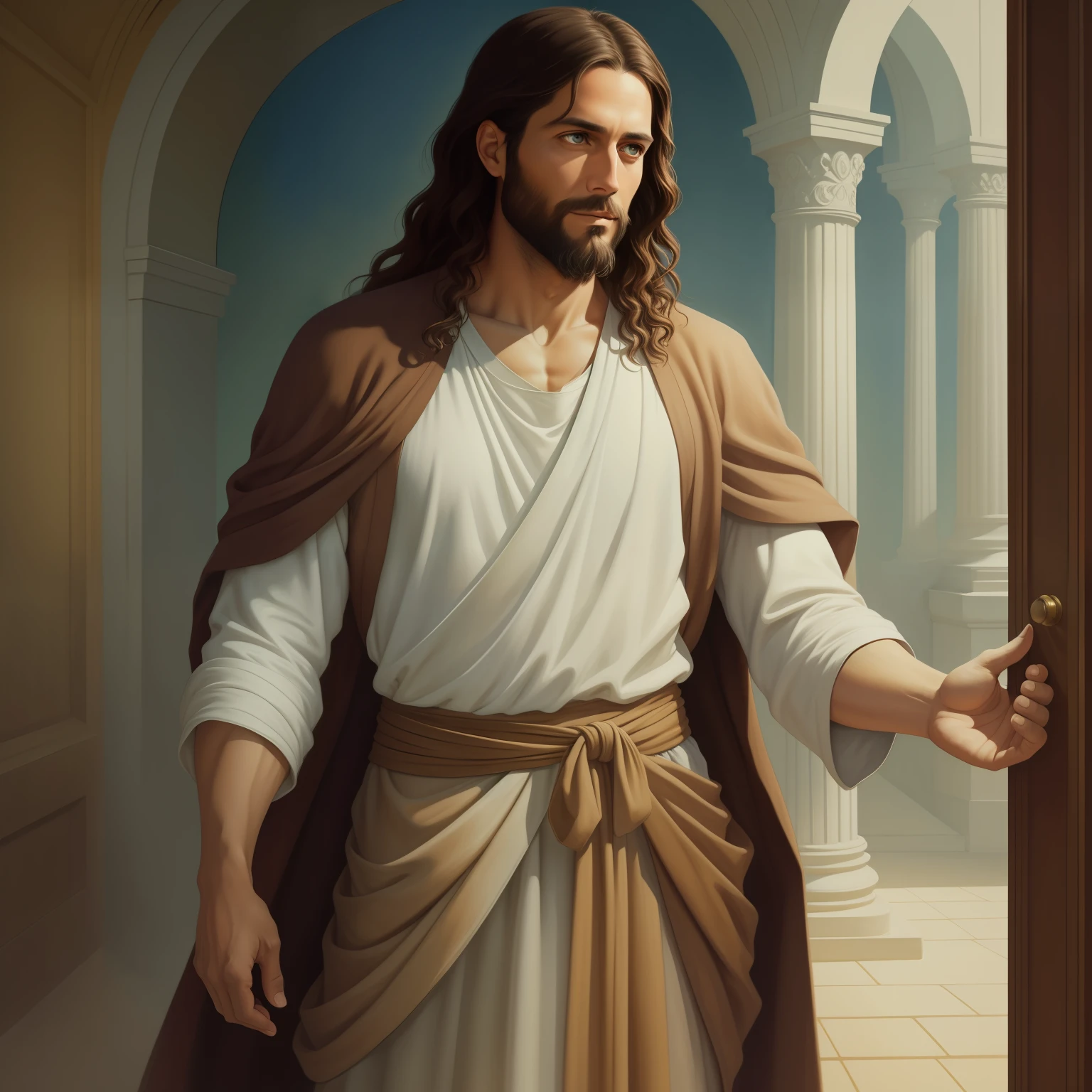 A beautiful ultra-thin realistic portrait of Jesus, the prophet, a man 35 years old Hebrew brunette, short brown hair, long brown beard, with, Helping People , wearing long linen tunic closed on the chest part, in front view, full body, biblical, realistic,by Diego Velázquez,Peter Paul Rubens,Rembrandt,Alex Ross,8k, Concept Art, PhotoRealistic, Realistic,  Illustration, Oil Painting, Surrealism, HyperRealistic, helping people , Digital art, style, watercolor