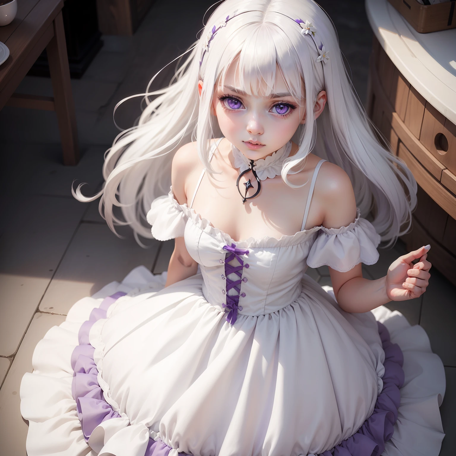 a young girl, white hair, purple eyes, white dress