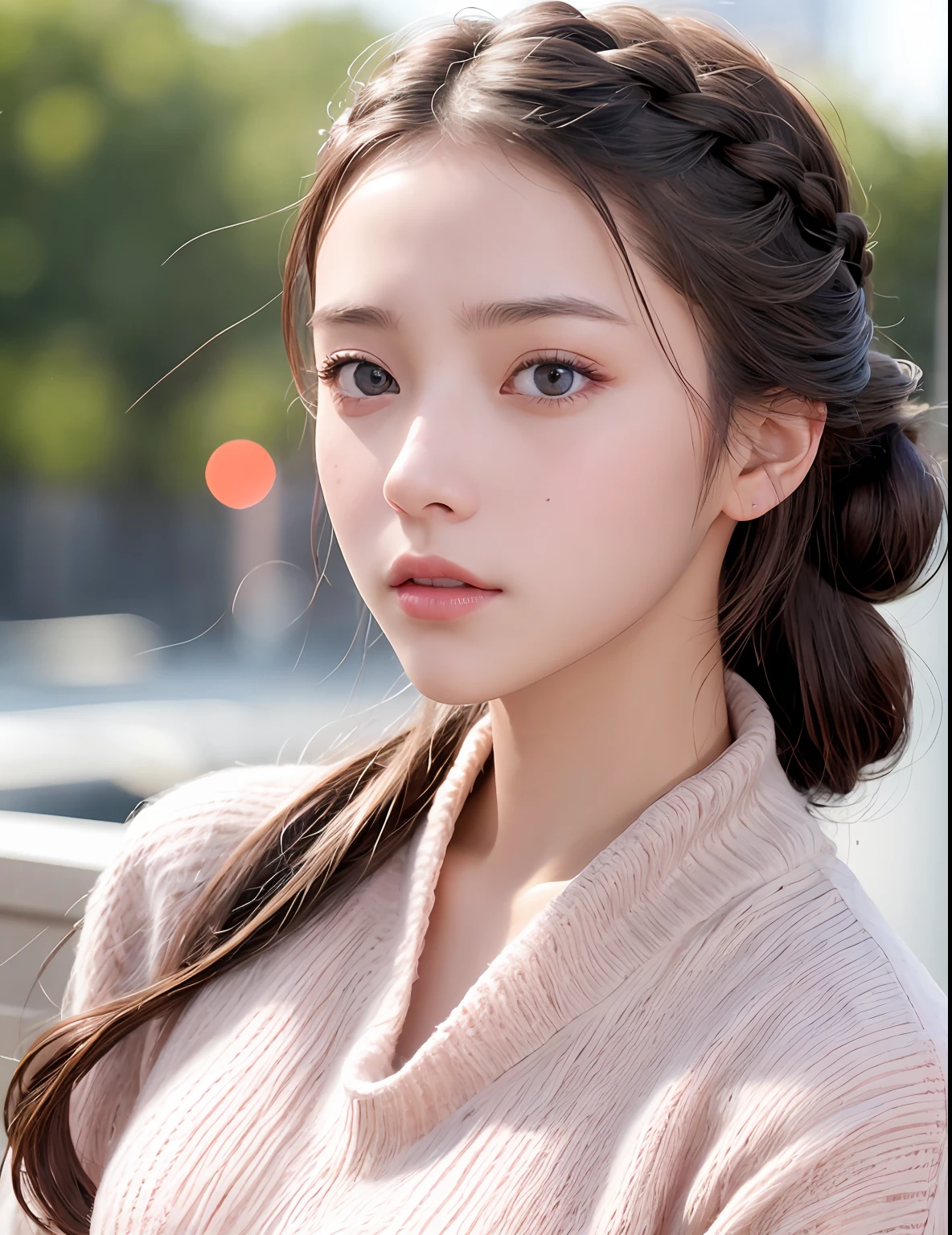 8k, RAW photo, best quality, masterpiece, high detail RAW color photo, professional photograph, (realistic, photorealistic:1.37), (high detailed skin:1.2), high resolution, beautiful detailed eyes, (hard focus:1.4), (sharp focus:1.4),
realistic , (8K UHD:1.2) , photoreaslistic
High quality shadow, 
parted_lips, slender face,
(wavy hair), Half-up top knot, Crown braid, Pink eye color, suggestive look,
(extremeface closeup),  pov, (((depth of field))), pale and lustrous skin, 
Cropped cowl neck sweater,
30yo  age,
buruma,
Rooftop,
bokeh, lens flare, (vignette:0.8), dramatic lighting, cinematic lighting, back light, professional lighting, physically-based rendering, ulzzang-6500-v1.1, pureerosface_v1.