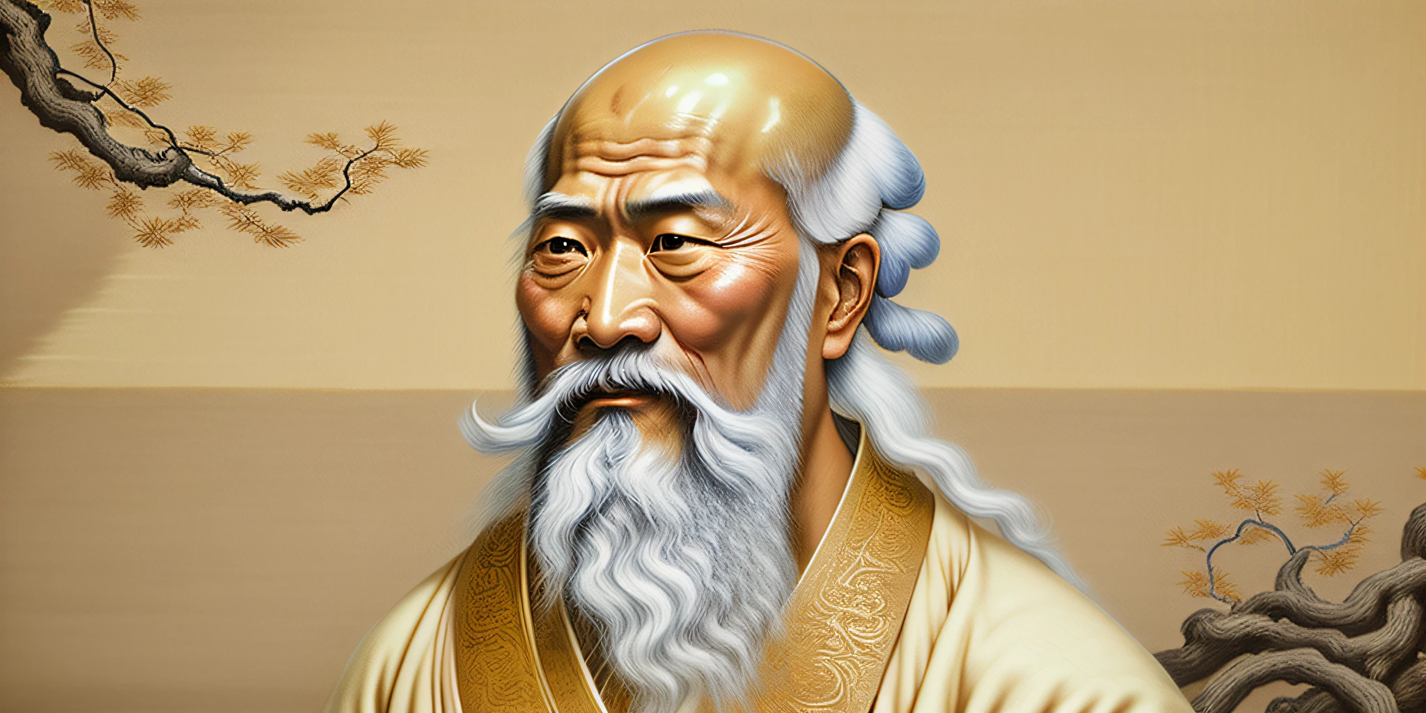 a close up of a painting of a man with a long beard, riichi ueshiba, inspired by Wu Daozi, daoist, ueshiba riichi, inspired by Cao Zhibai, inspired by Yang Buzhi, taoist master, zhang daqian, chi-gong, inspired by Kaigetsudō Anchi