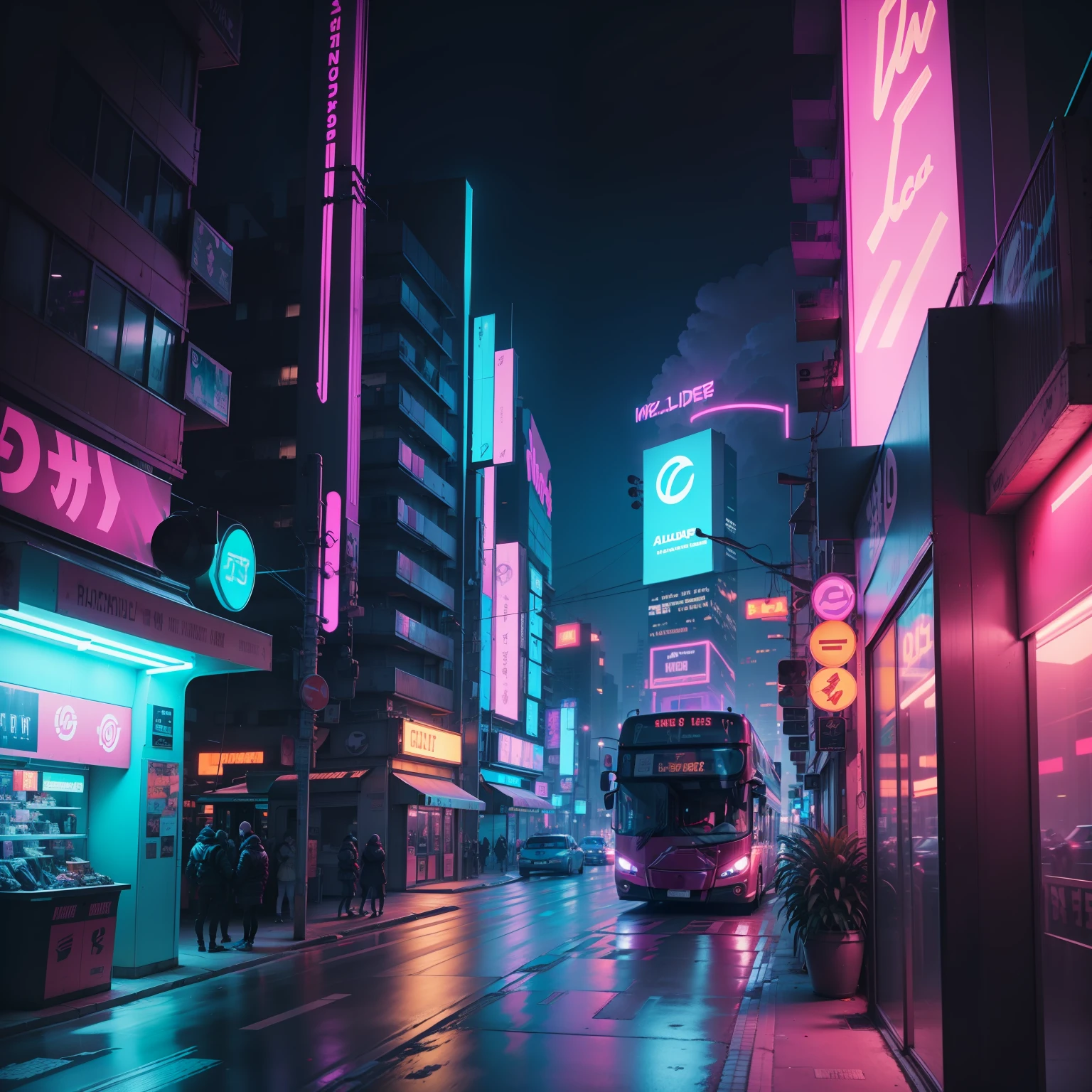 Alafed double-decker bus on the streets of the city at night, synthwave aesthetic, cyberpunk aesthetics, cyberpunk aesthetics, Miami Synthetic Wave, Cyberpunk vibe, in cyberpunk aesthetic, Aesthetic cyberpunk, neon aesthetic, blade runner vibes, cyberpunk atmosphere, cyberpunk bus stop, dreamy colorful cyberpunk colors, muted cyberpunk style, vaporwave lighting style, vaporwave aesthetics, cyberpunk vaporwave
