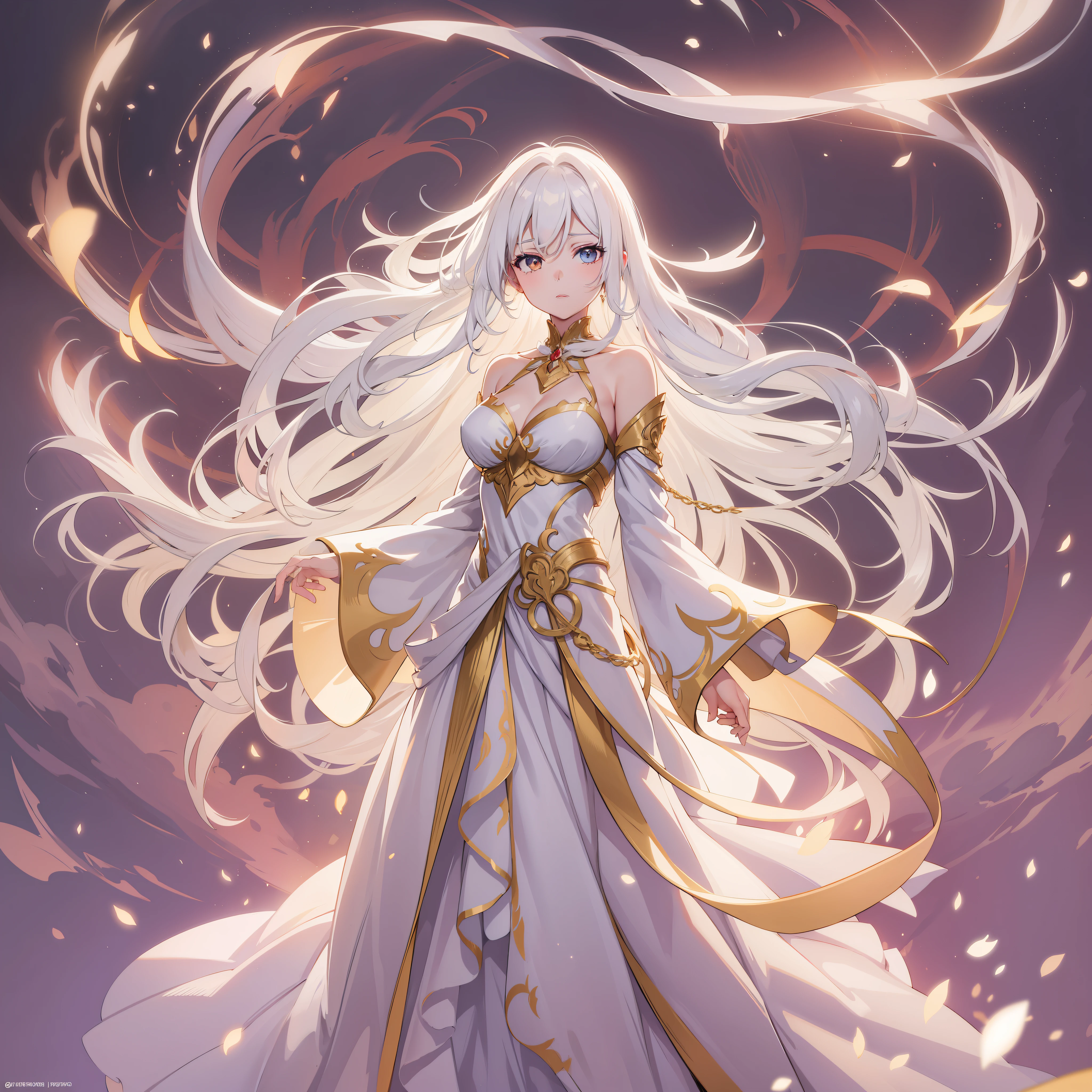 Illustrate an anime girl with flowing hair, adorned in an elegant gown, and surrounded by a soft glow of magic, white hair, full body shot