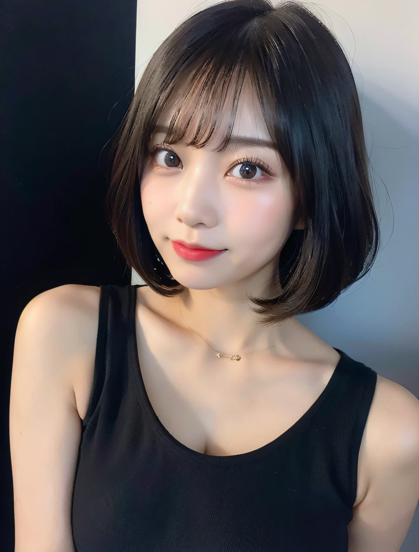 8K,Professional Lightingultra-high resolution ,(photographrealistic: 1.1) ,Detailed face ,bob cut ,young girl ,dramatc ,kawaii , cleavage of the breast ,(tits out:1.1) ,black solid color background,A slight smil ,dynamic angle ,low angle full body shot ,white t-shirt ,