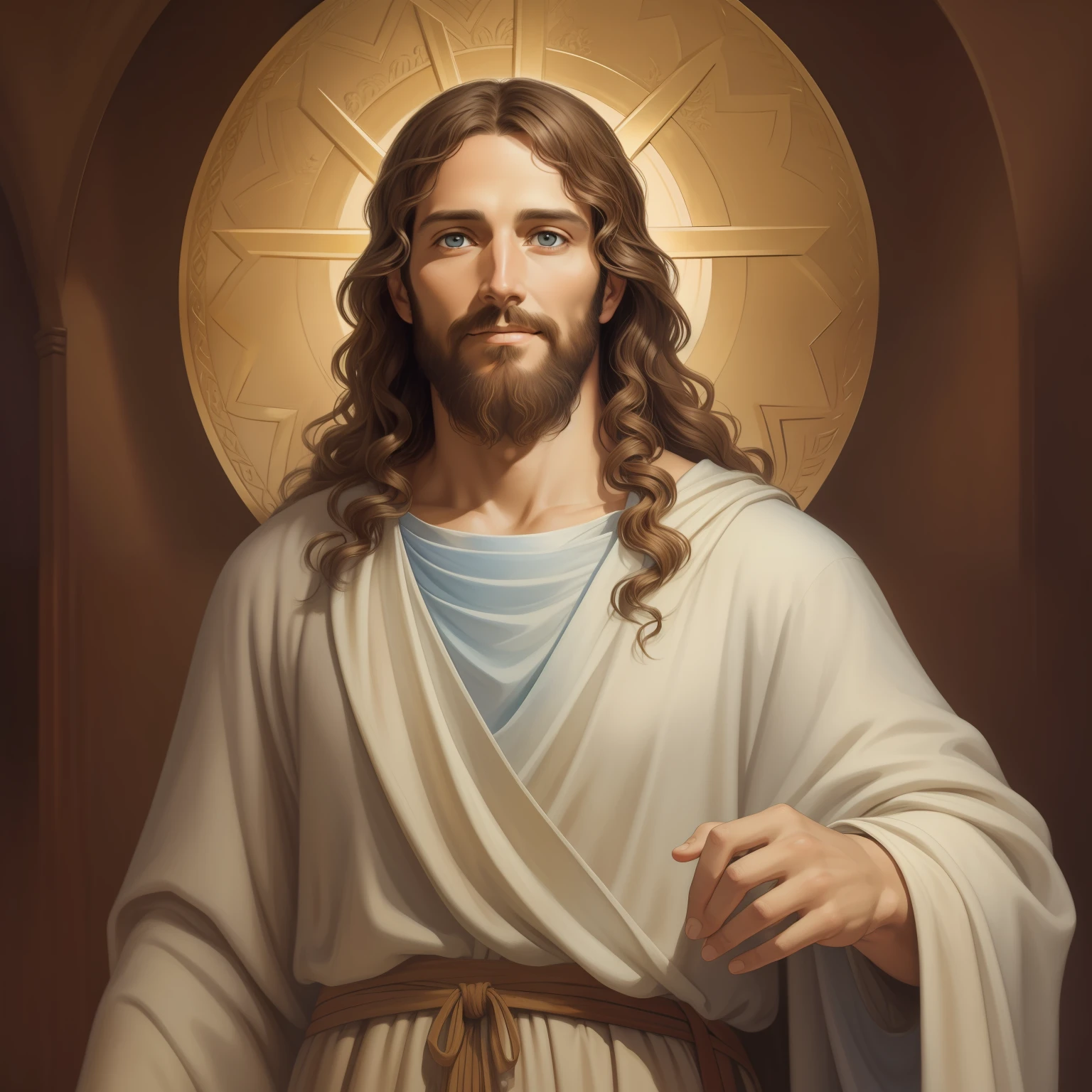 A beautiful ultra-thin realistic portrait of Jesus, the prophet, a man 34 years old Hebrew brunette, short brown hair, long brown beard, with, wearing long linen tunic closed on the chest part, in front view, full body, biblical, realistic,by Diego Velázquez,Peter Paul Rubens,Rembrandt,Alex Ross,8k, Concept Art, PhotoRealistic, Realistic,  Illustration, Oil Painting, Surrealism, HyperRealistic, Digital art, style, watercolor 
a 3D Realistic of jesus with a halo in the sky, jesus christ, smiling in heaven, portrait of jesus christ, jesus face, 33 young almighty god, portrait of a heavenly god, greg olsen, gigachad jesus, jesus of nazareth, jesus, the face of god, god looking at me, he is greeting you warmly, he is happy, avatar image