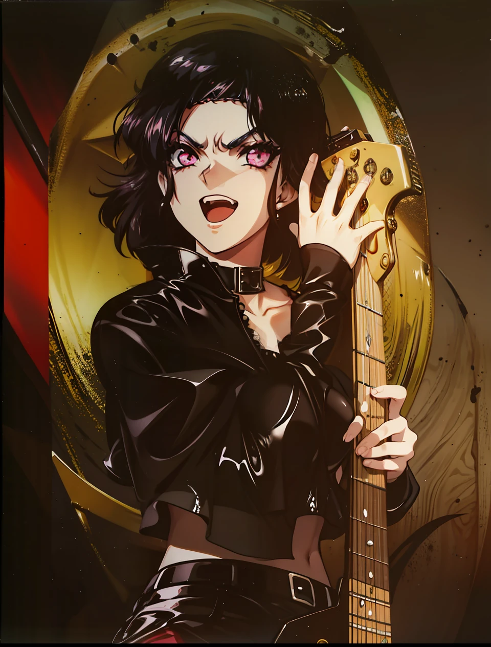 Girl,orelhas pontudas, olhos vermelhos, latex, vampira,4k, segurando uma guitarra