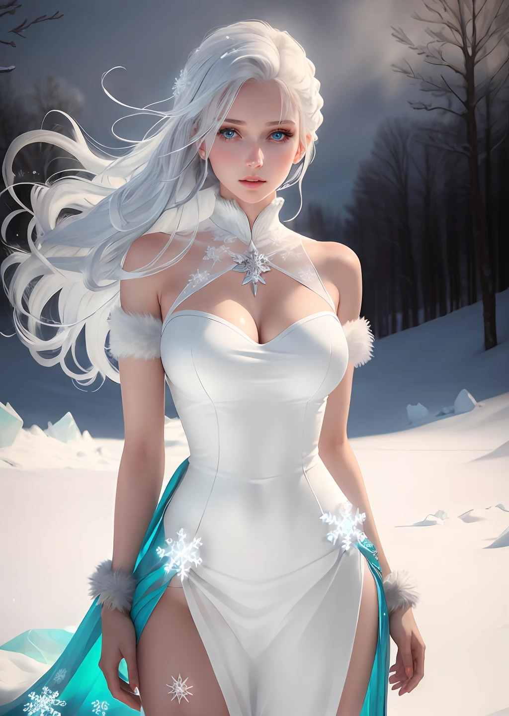 A girl, Slender figure, intricate dress, Lush breasts, Mistress of the Ice, the wind, frost, white colored hair, Cyan eyes, snowflakes, cold gaze, gems, hiquality, Detailed study, Soft rendering, realistness.