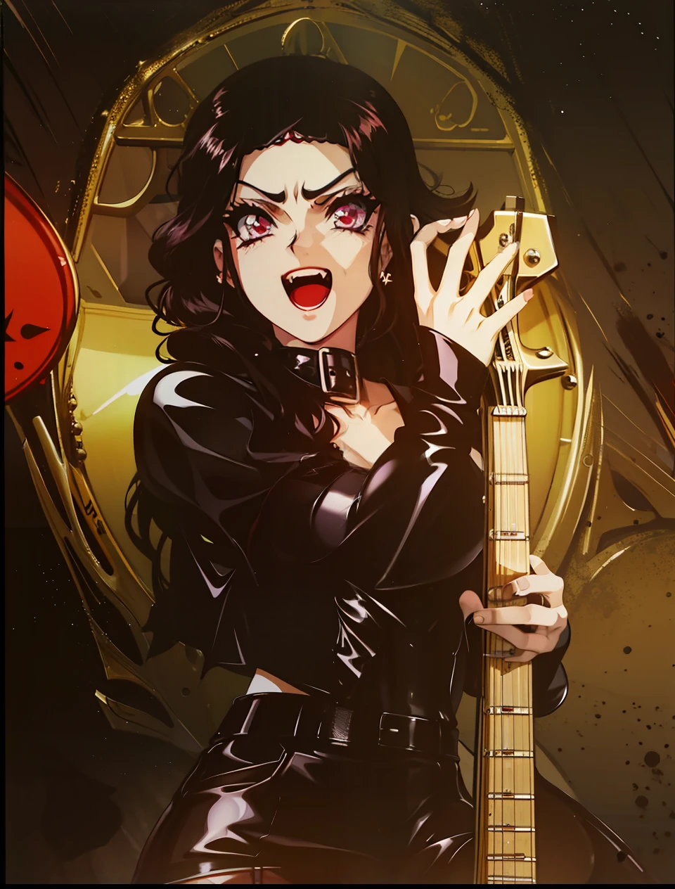 Girl,orelhas pontudas, olhos vermelhos, latex, vampira,4k, segurando uma guitarra