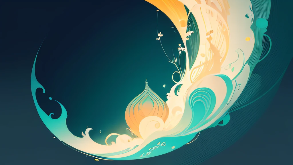 abstract paintings、(Zen Buddhism、Amy Sol Style)、(夏天)、(Green Tree、Bellflower blossom、rivulets)、Light abstraction cover art、Simple vector art、Contemporary Chinese art、Color gradient、Soft color palette、Layered Forms、Whimsical animation、Style Ether Abstract