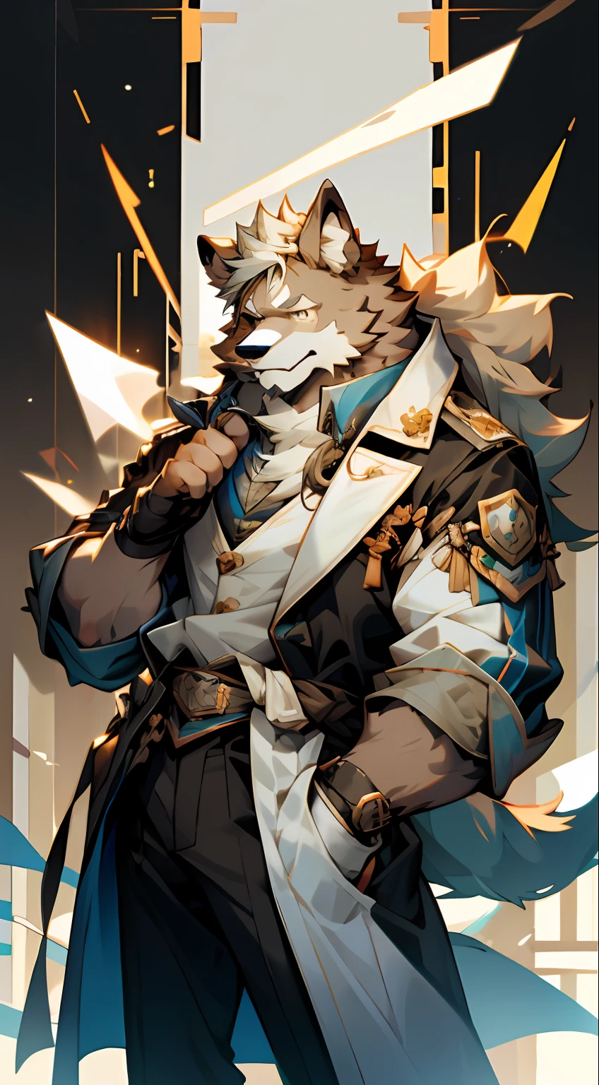 Men have dog faces， Doggy， light brown fur， ， Sagging ears， A confident expression，Blue pupils， ， Light blonde， full bodyesbian， wearing a trenchcoat， skin detailed， man with a dog mask on his head， Light rice hair， caramel， Sagging ears， Closed expression， ， Deviation trend， Furry art， hairy chest， furry fursona， Furry character， hairy bodies，furry neck a，Cross your waist with your left hand