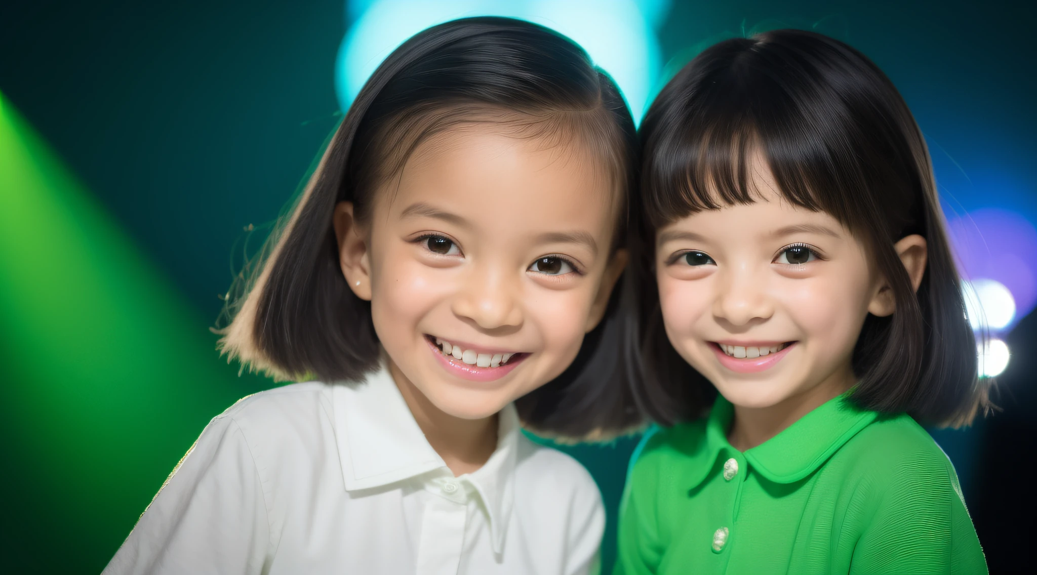 Estilo moderno, fundo branco, children's identification photo, bonito, menina sorridente, olhos escuros, cabelo curto, gravata borboleta, claro, de alta qualidade, soft green lights in children's hair.